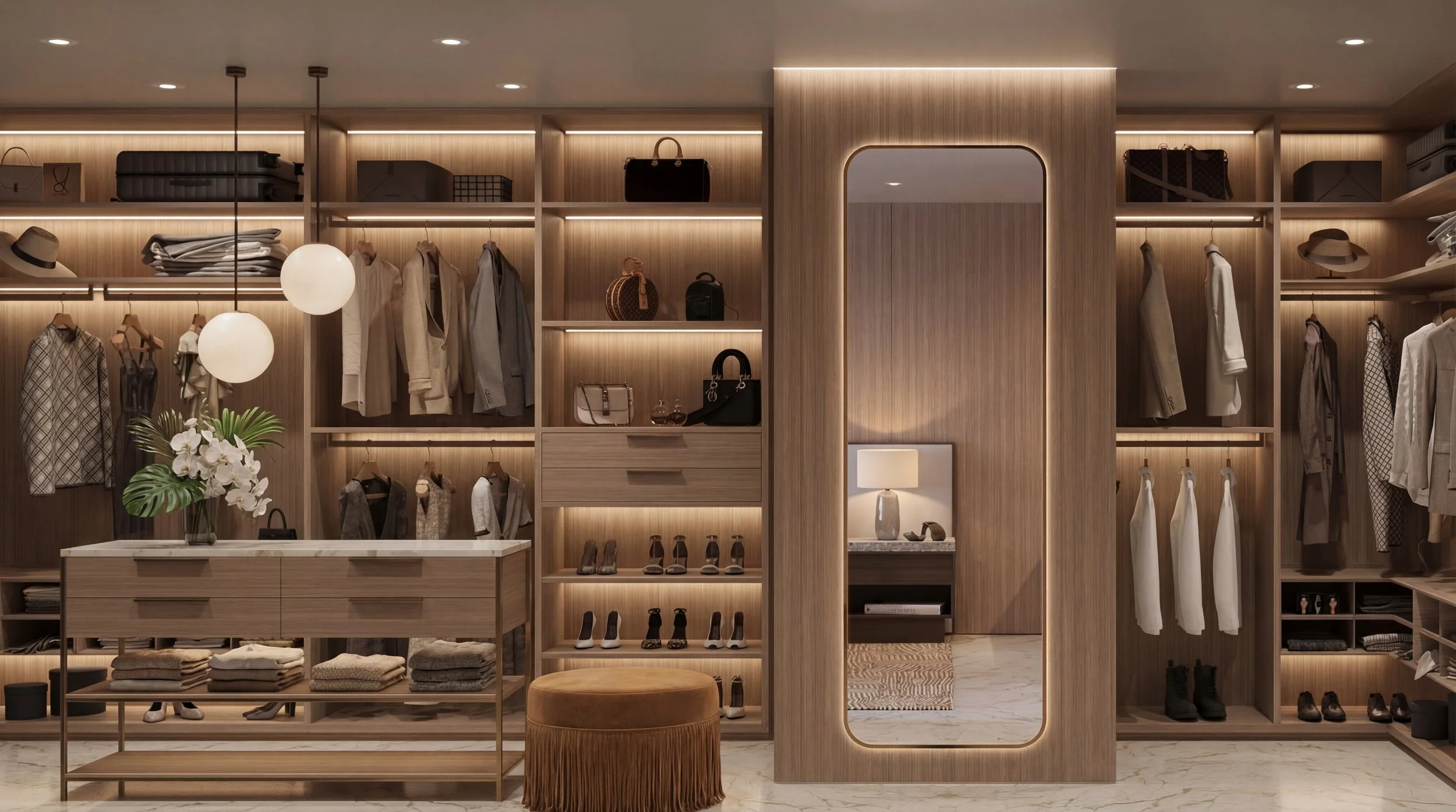 A luxurious walk-in closet with wooden shelves and hanging space filled with clothing, handbags, shoes, and hats. There is a vanity with a vase of white flowers and a chair, and soft lighting highlights the elegant organization.