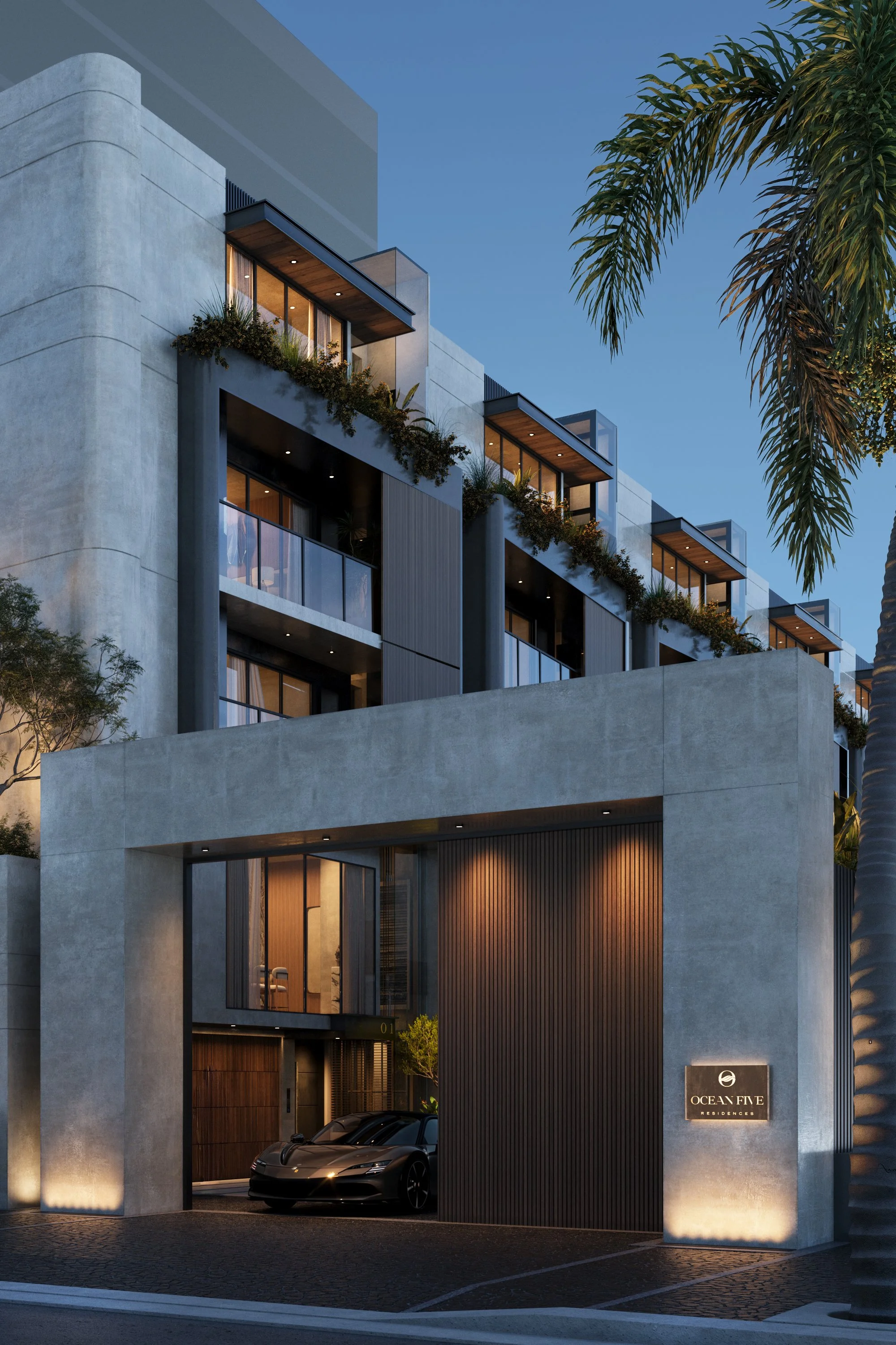 Modern residential building with multiple floors, large glass windows, balconies with greenery, and a luxury black sports car parked outside. A sign reads 'Ocean Five Residences' in front.
