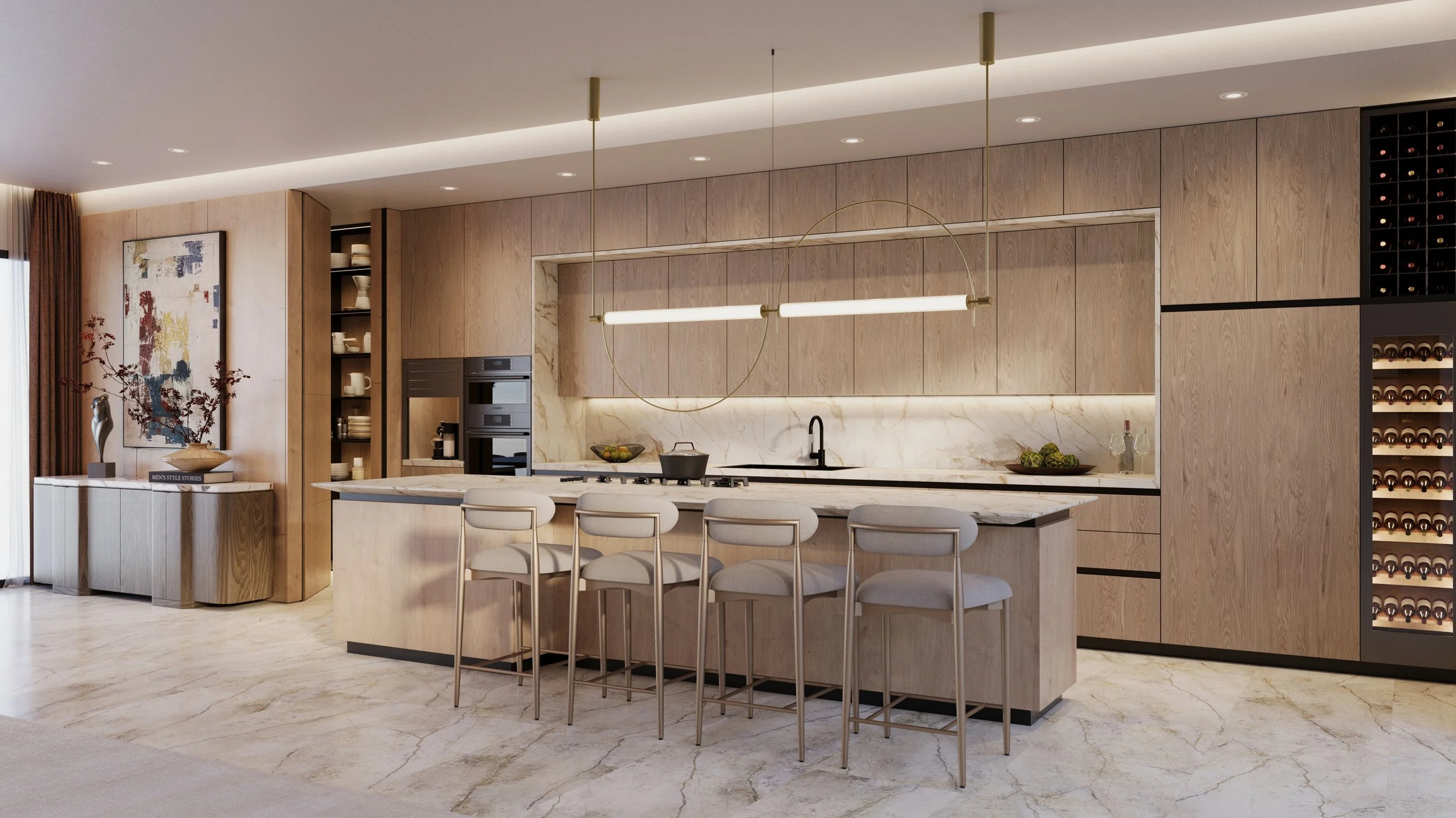 Modern kitchen with light wood cabinets, marble countertops, and a fireplace with artwork on the wall.