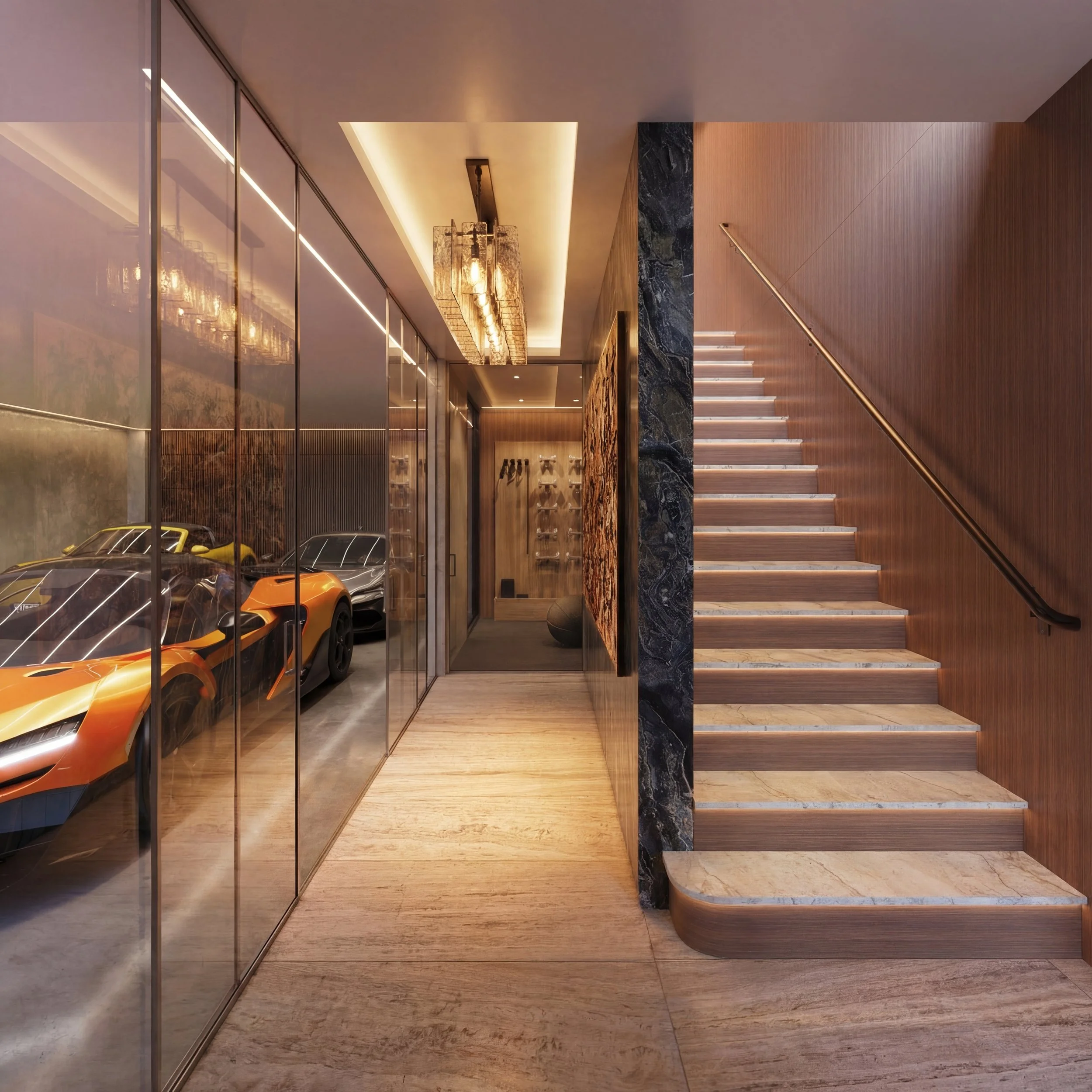 Luxury interior with a staircase, wooden wall paneling, marble accents, and a modern chandelier.