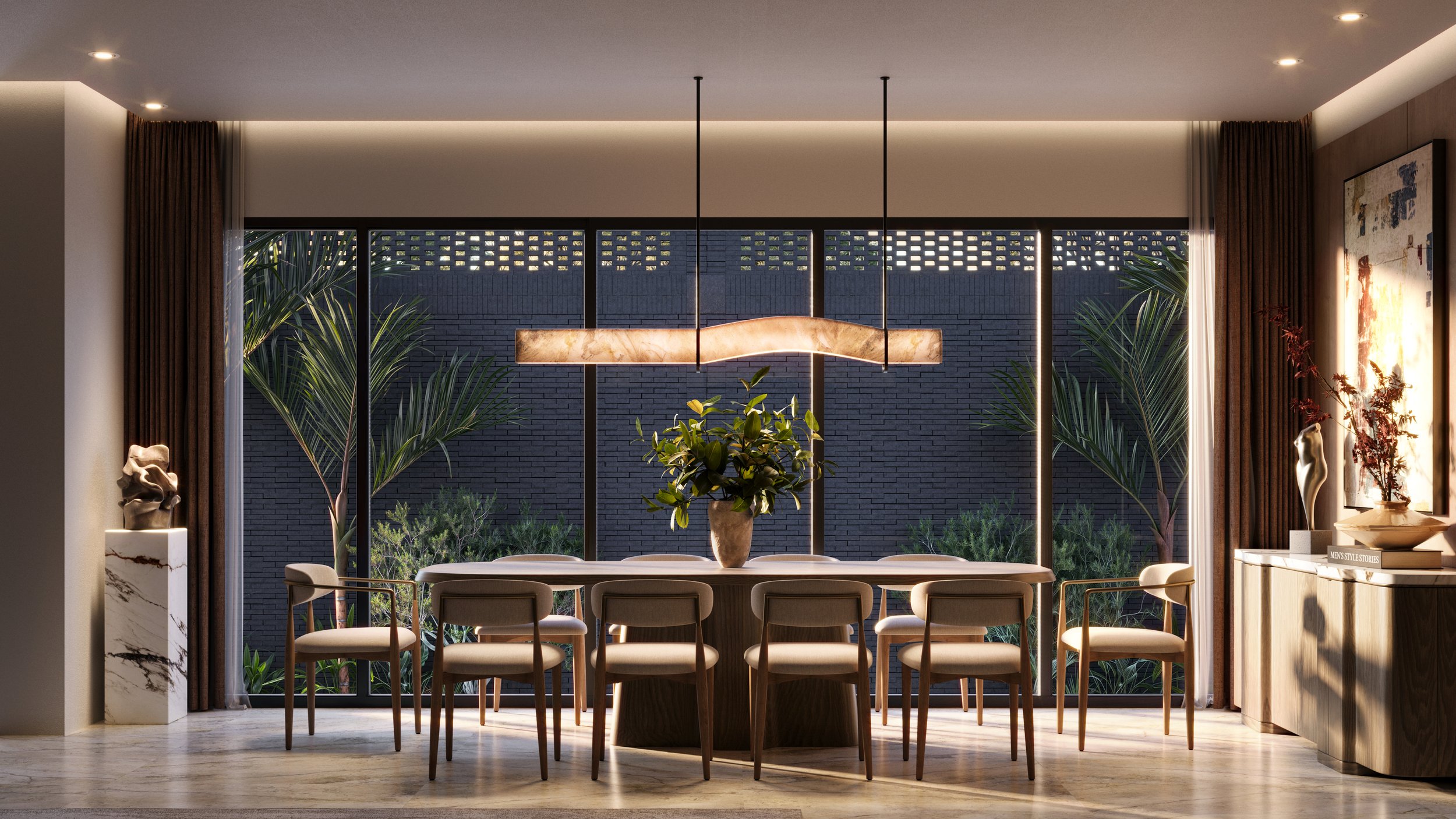 Modern dining room with a large window, a hanging light fixture, potted plants, artwork, and a wooden dining table with chairs.