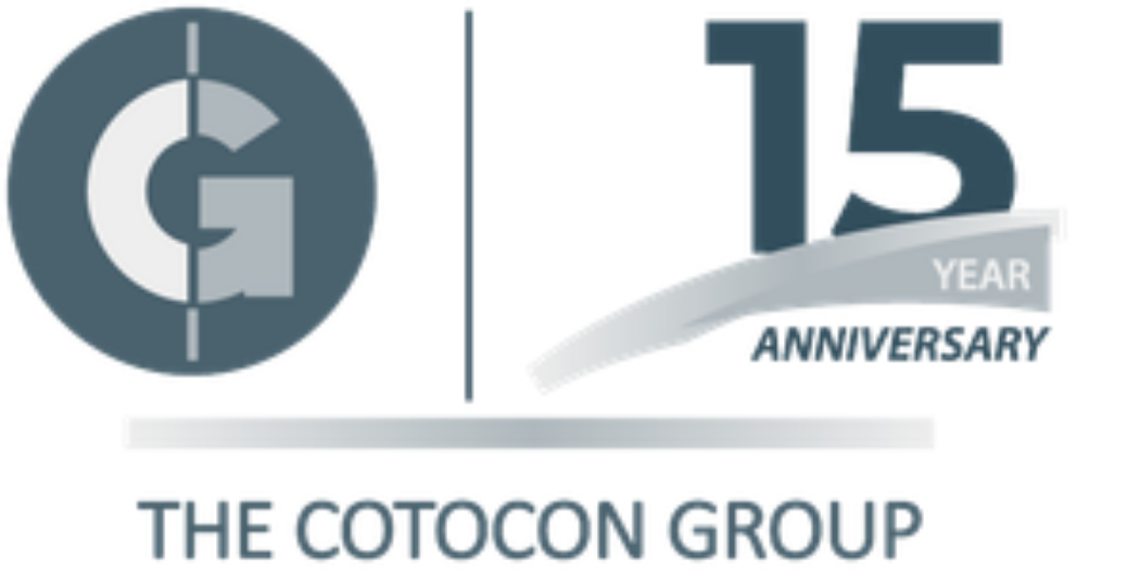 Logo celebrating 15 years of The Cotoc Group with a large number 15, circular Cotoc Group emblem, and text indicating anniversary year.