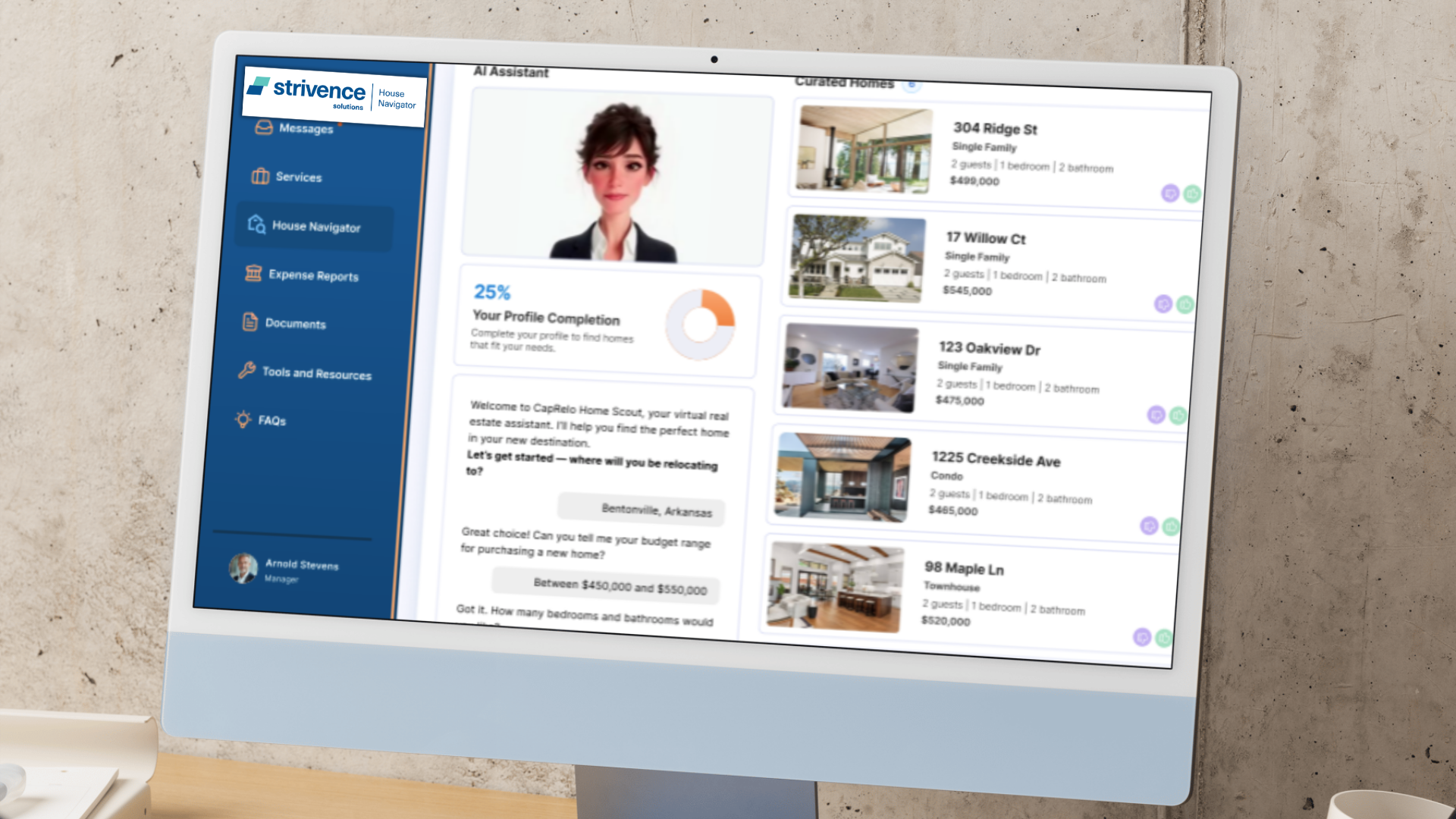 Computer monitor displaying a real estate website with listings, user profile, and navigation menu. Technology-driven.
Real estate