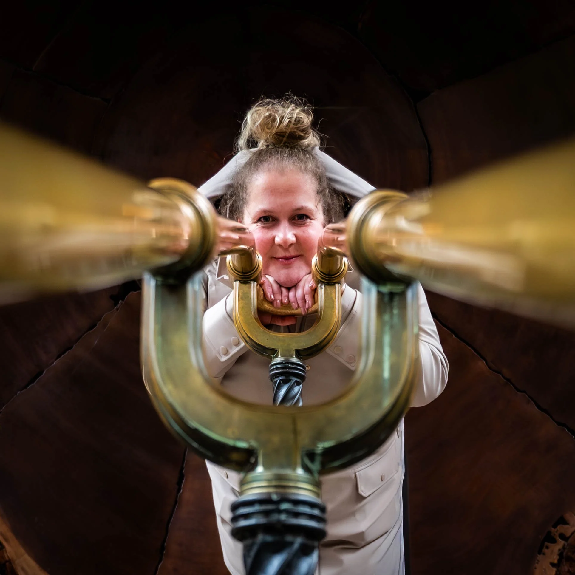 A woman looking down at the camera leaning on a golden staircaise, holding it with her hands beneath her chin, with her hair tied in a bun.