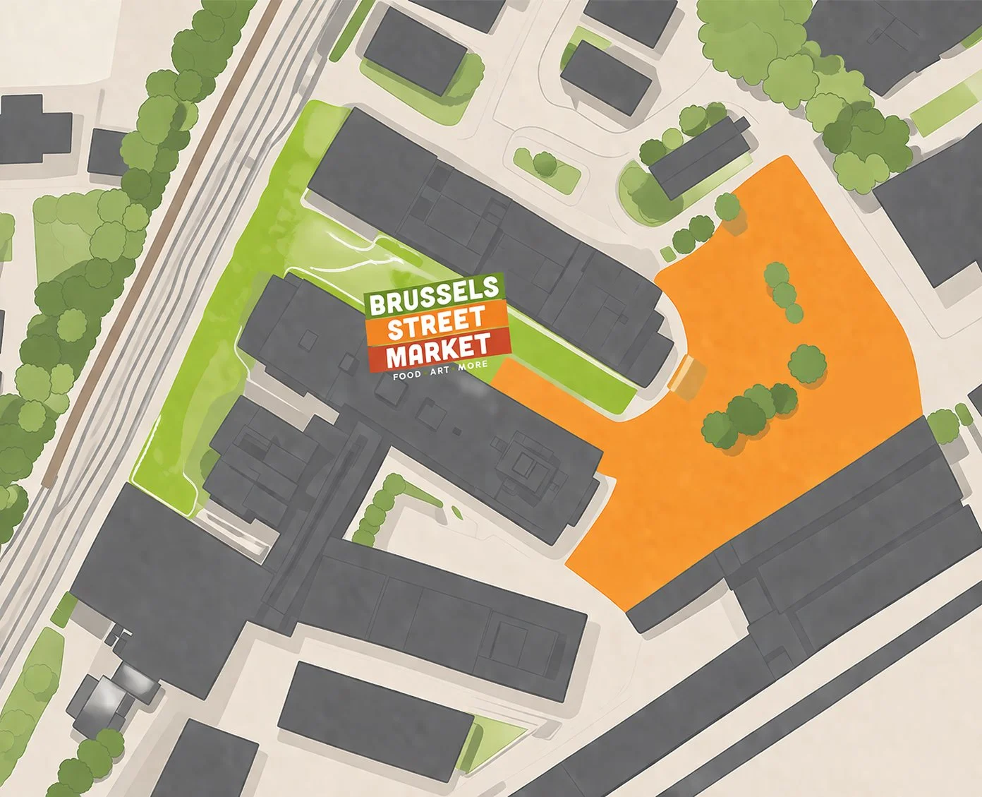 Map of Brussels Street Market area highlighting food, art, and more, with surrounding buildings, green spaces, trees, and orange-colored parking area.