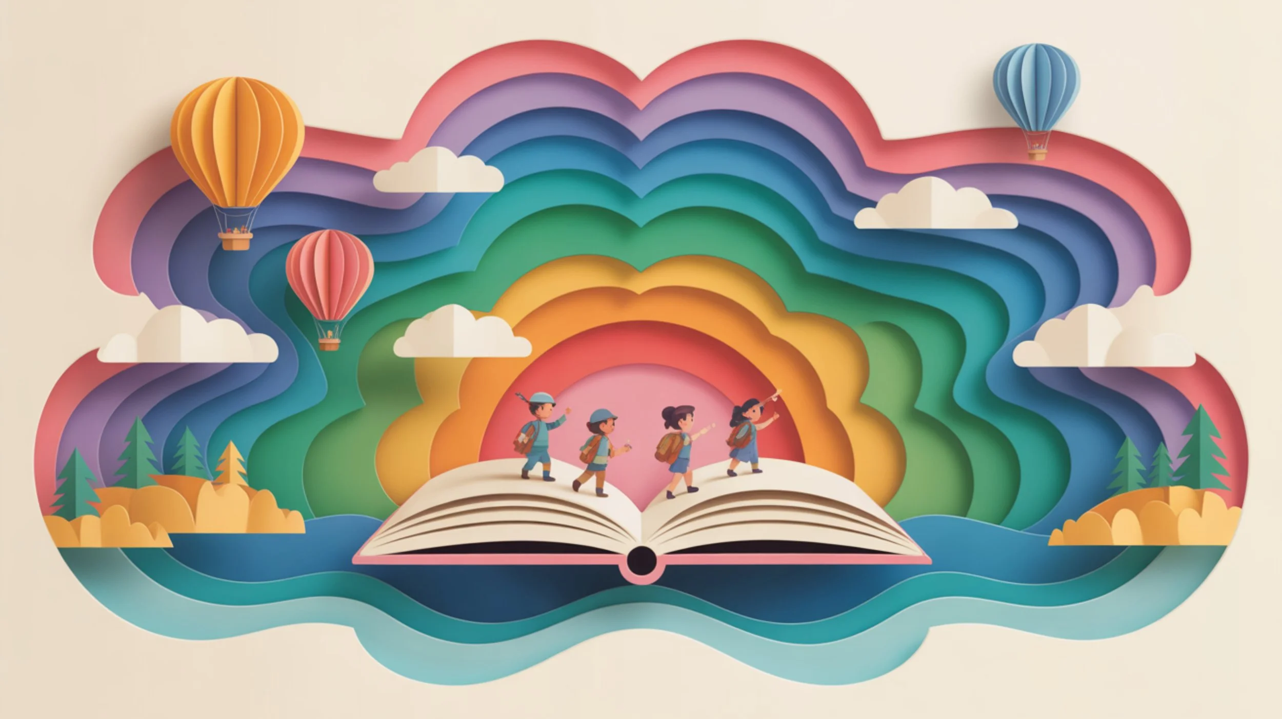 Whimsical illustration of children walking on an open book with hot air balloons.