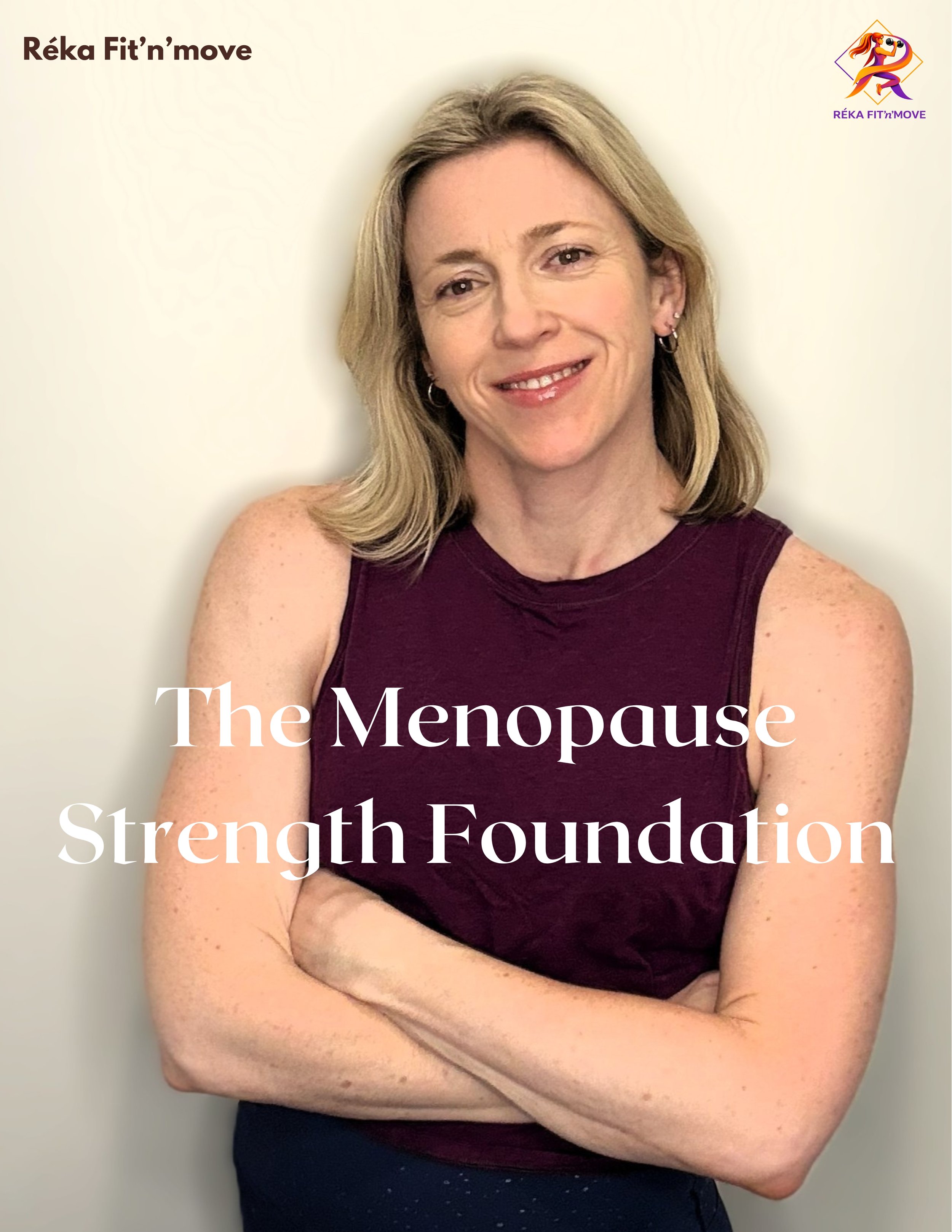 A woman with shoulder-length blonde hair smiling, wearing a sleeveless maroon top, standing against a plain light-colored background, with overlaid text about The Menopause Strength Foundation and a logo featuring a woman running with flowing hair and a camera.