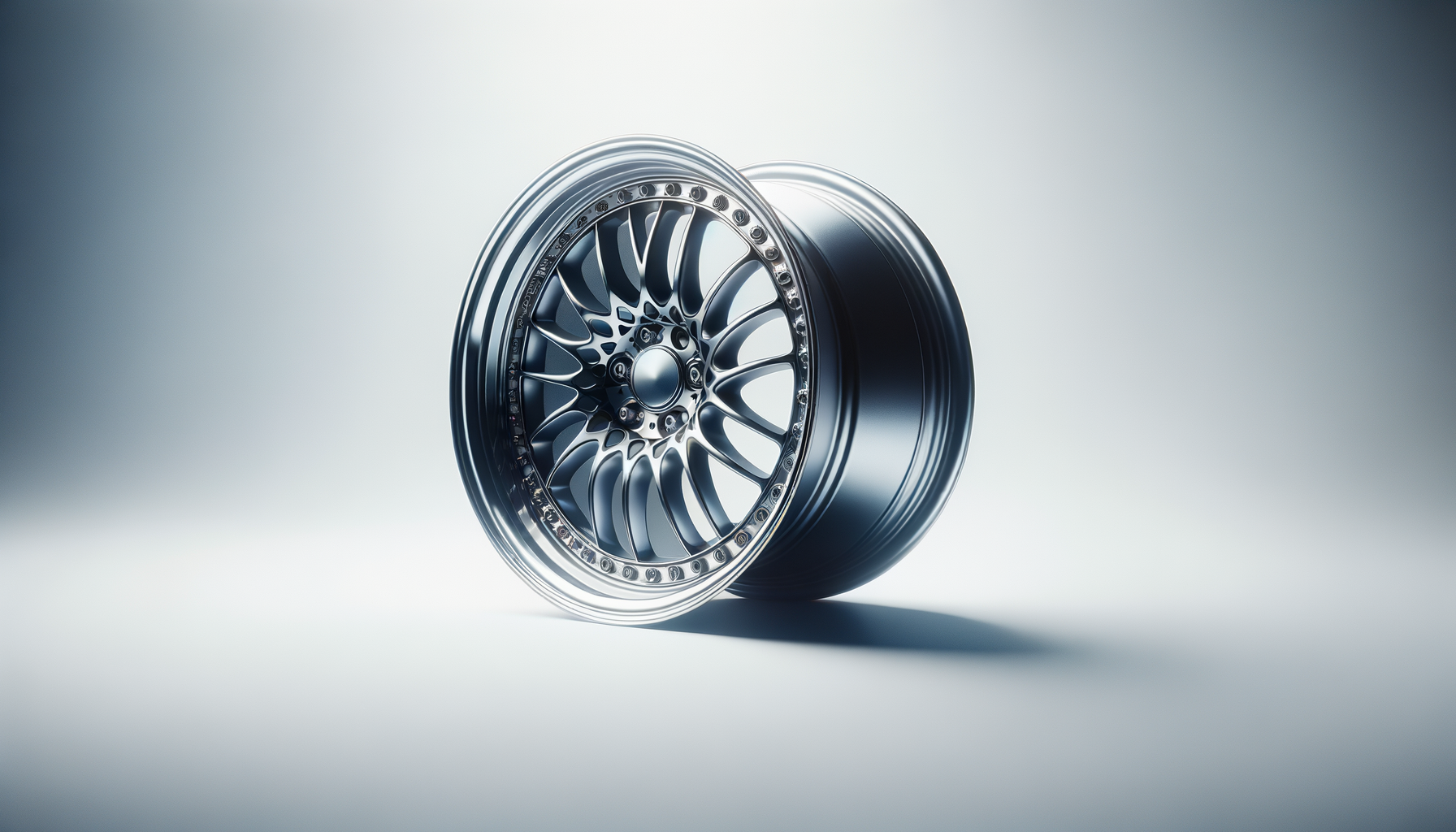 A metallic car wheel rim with a multi-spoke design, placed on a light-colored surface with a plain background.