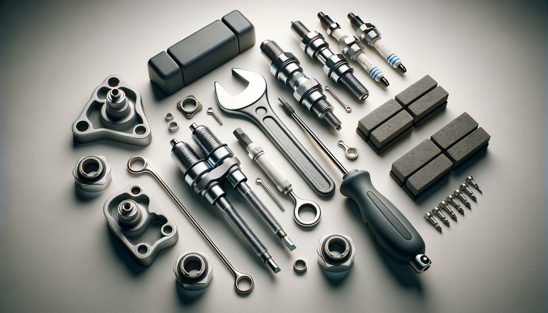 Various automotive parts, tools, spark plugs, brake pads, and screws laid out on a flat surface.