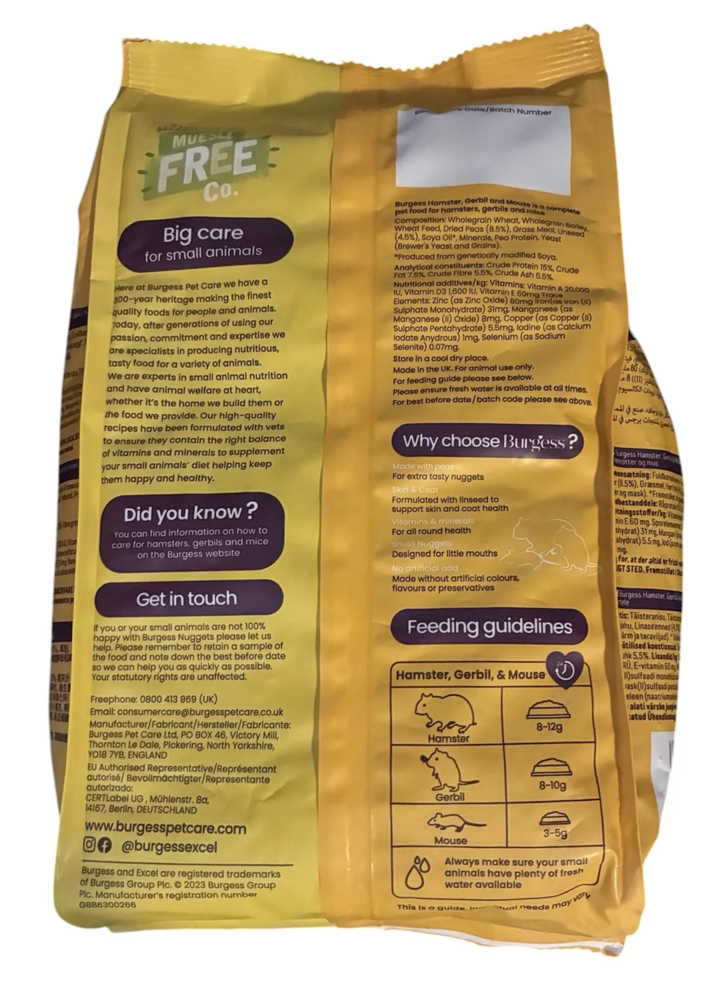 Back of Burgess Excel Hamster, Gerbil & Mouse Nuggets packaging showing feeding guide, ingredients, nutritional information and storage advice.
