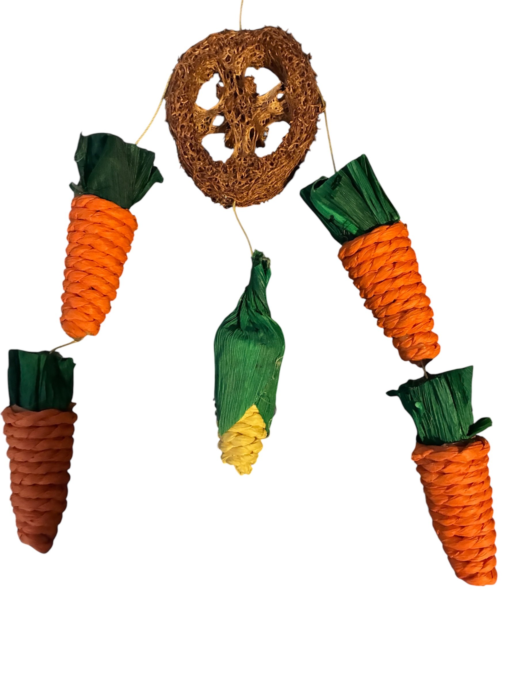 Close-up of the colourful carrot and corn pieces on the Little Friends Loofah Nibbler Hanger.