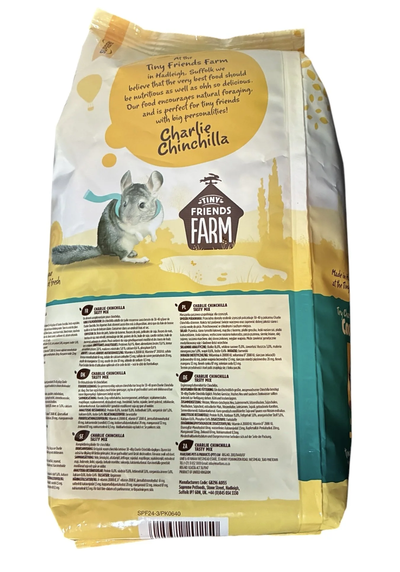 Back of Tiny Friends Farm Charlie Chinchilla Tasty Mix packaging showing feeding guide, ingredients, nutritional information and storage advice.