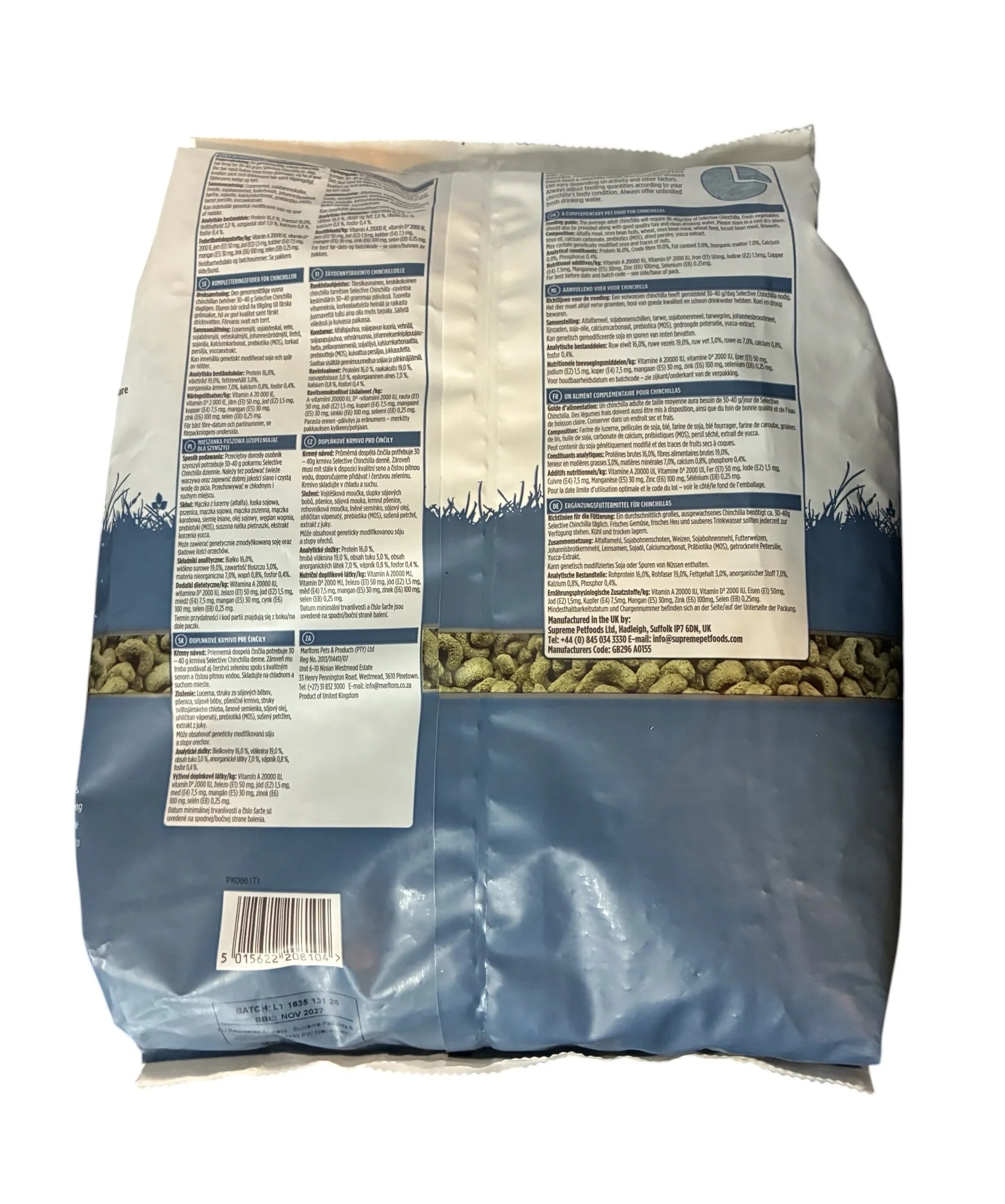 Back of Science Selective Balanced Chinchilla Food packaging showing feeding guide, ingredients, nutritional information and storage advice.
