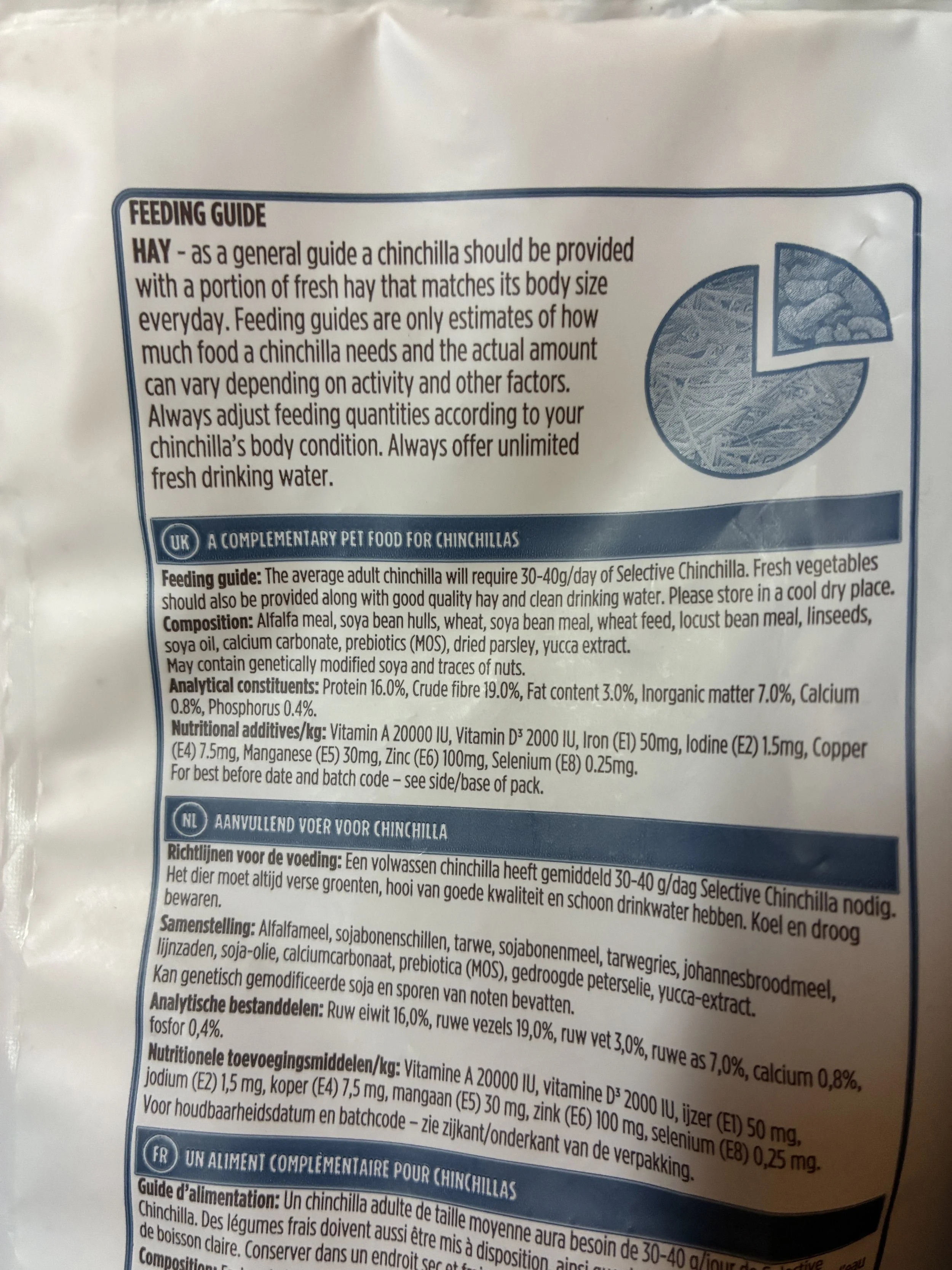 Close-up of Science Selective Balanced Chinchilla Food highlighting complete balanced nutrition, prevents selective feeding, supports dental health and contains essential vitamins and minerals.