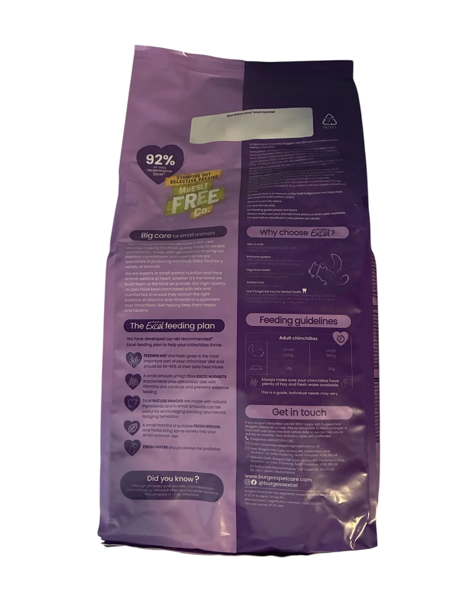 Back of Burgess Excel Chinchilla Nuggets with Mint packaging showing feeding guide, ingredients, nutritional information and storage advice.