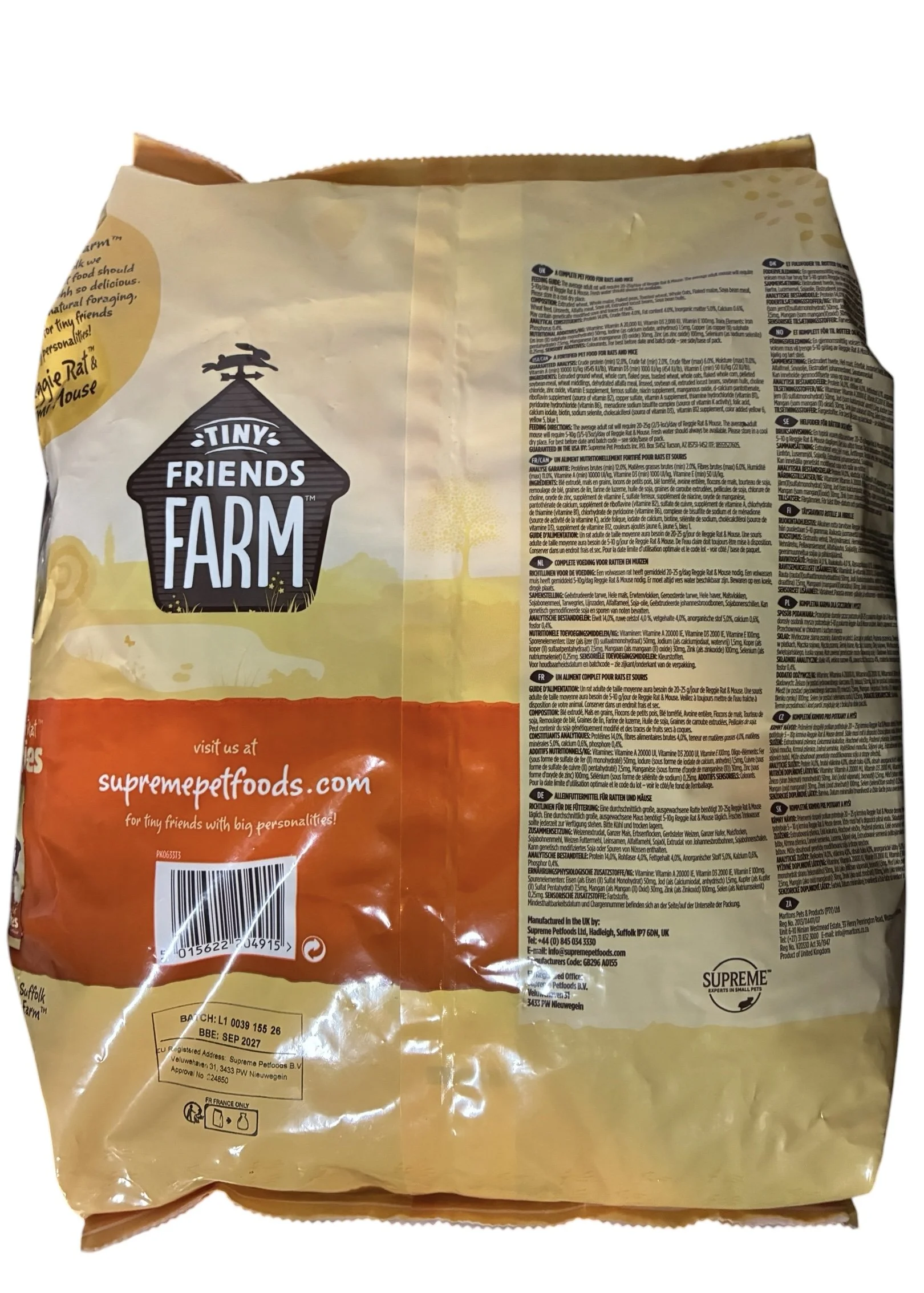 Back of Tiny Friends Farm Reggie Rat and Mimi Mouse Tasty Mix packaging showing feeding guide, ingredients, nutritional information and storage advice.