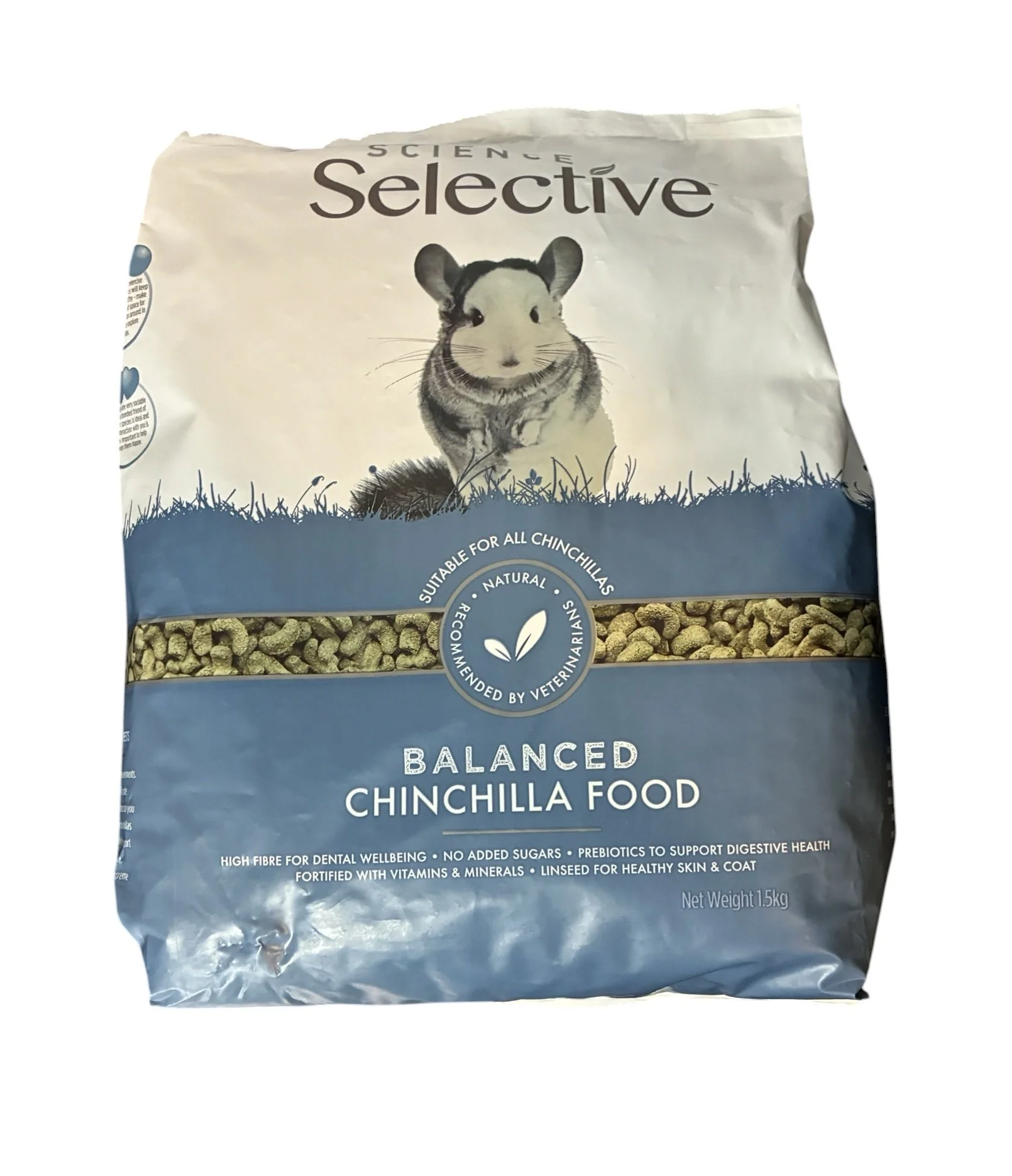 Front of Science Selective Balanced Chinchilla Food packaging showing complete balanced food for chinchillas.
