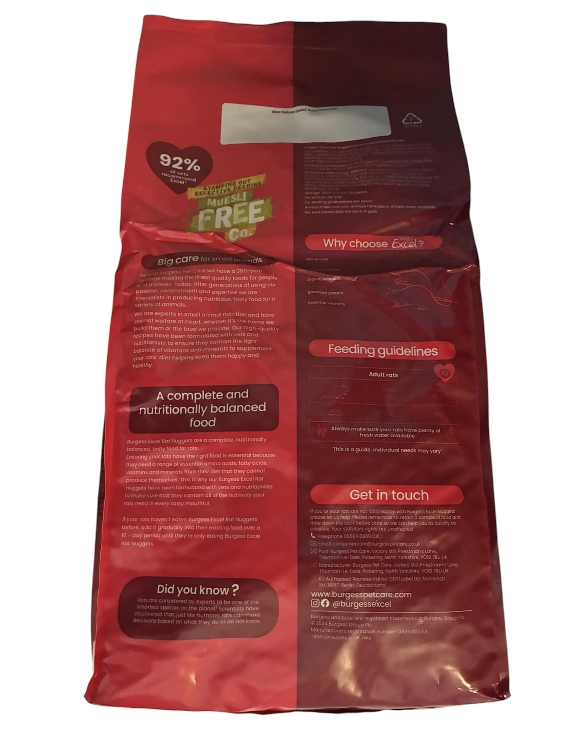 Back of Burgess Excel Rat Nuggets packaging showing feeding guide, ingredients, nutritional information and storage advice.
