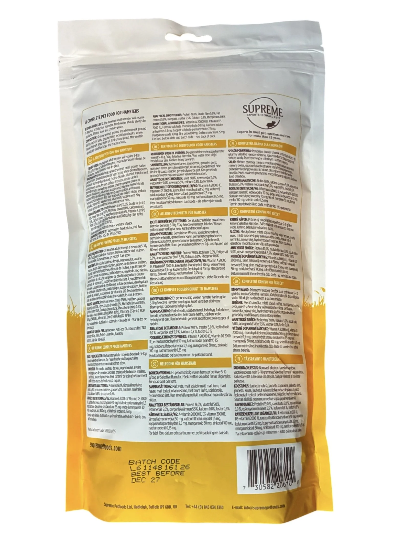 Back of Science Selective Complete Hamster Food packaging showing feeding guide, ingredients, nutritional information and storage advice.
