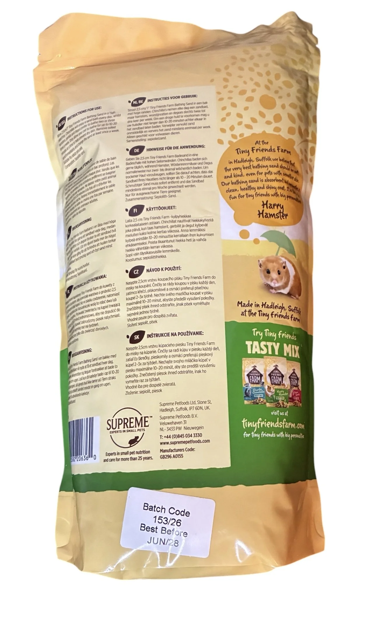 Back of Tiny Friends Farm Harry, Charlie & Gerri Bathing Sand packaging showing directions for use, product information and storage advice.