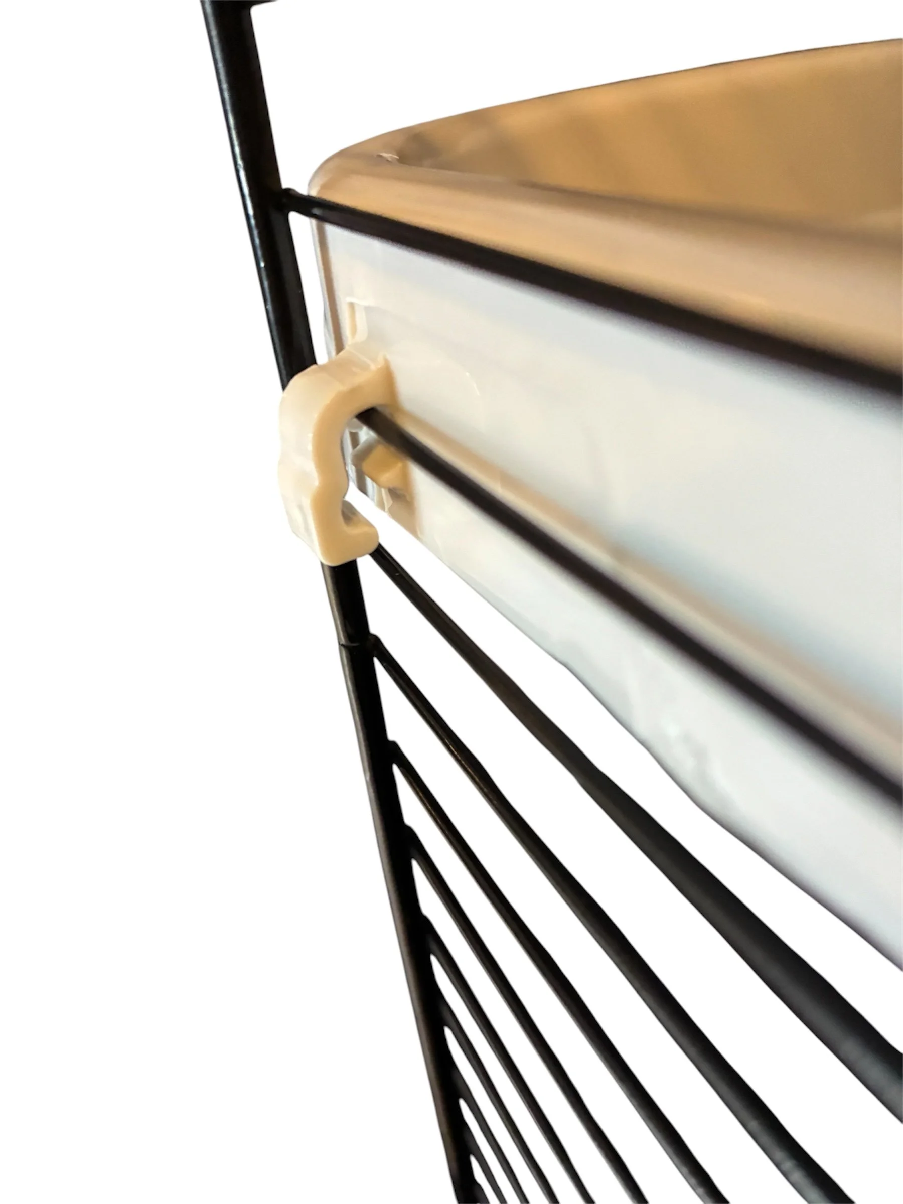 Close-up of the mounting points on the Classic Pet Products plastic corner shelf.