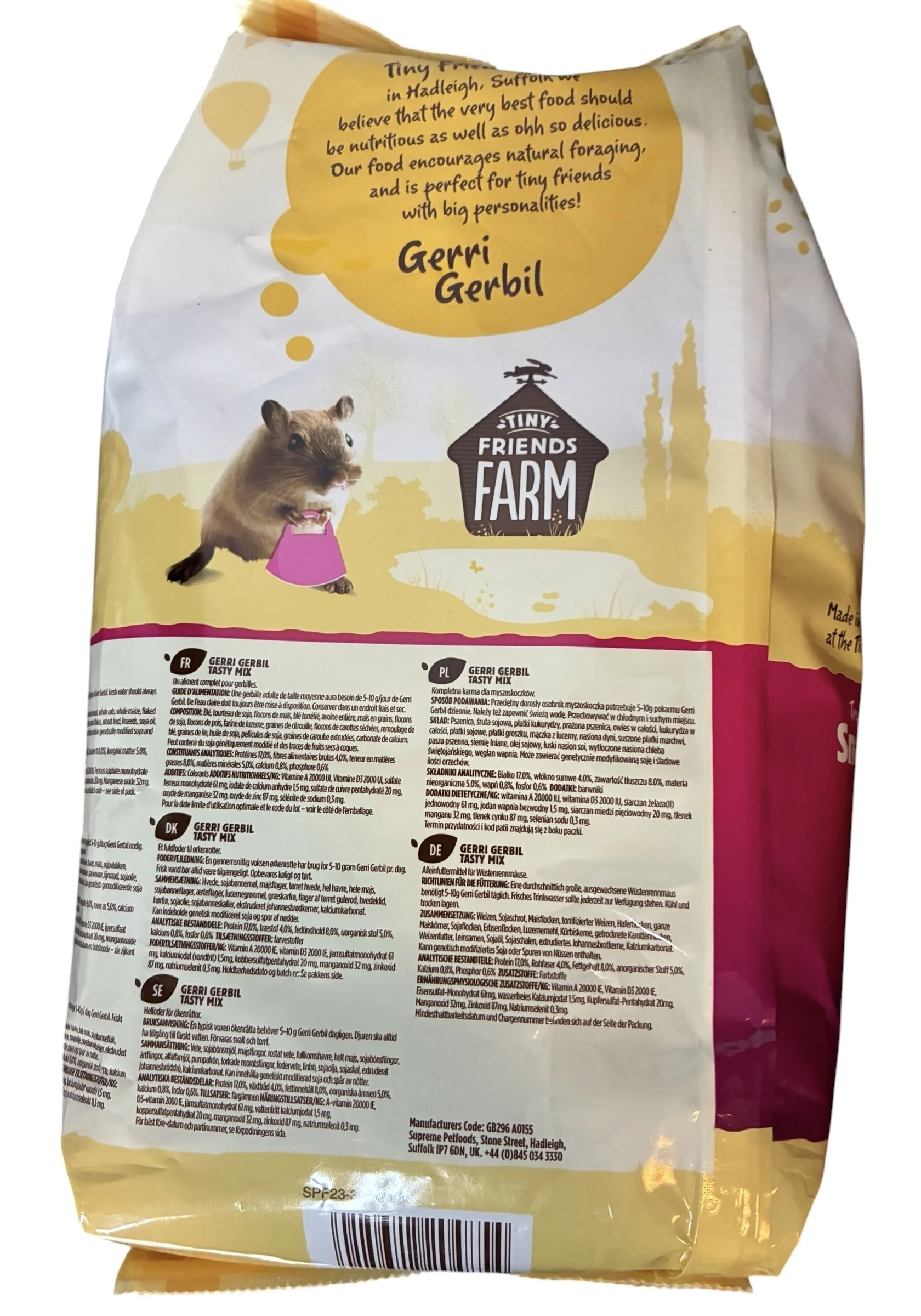 Back of Tiny Friends Farm Gerri Gerbil Tasty Mix packaging showing feeding guide, ingredients, nutritional information and storage advice.