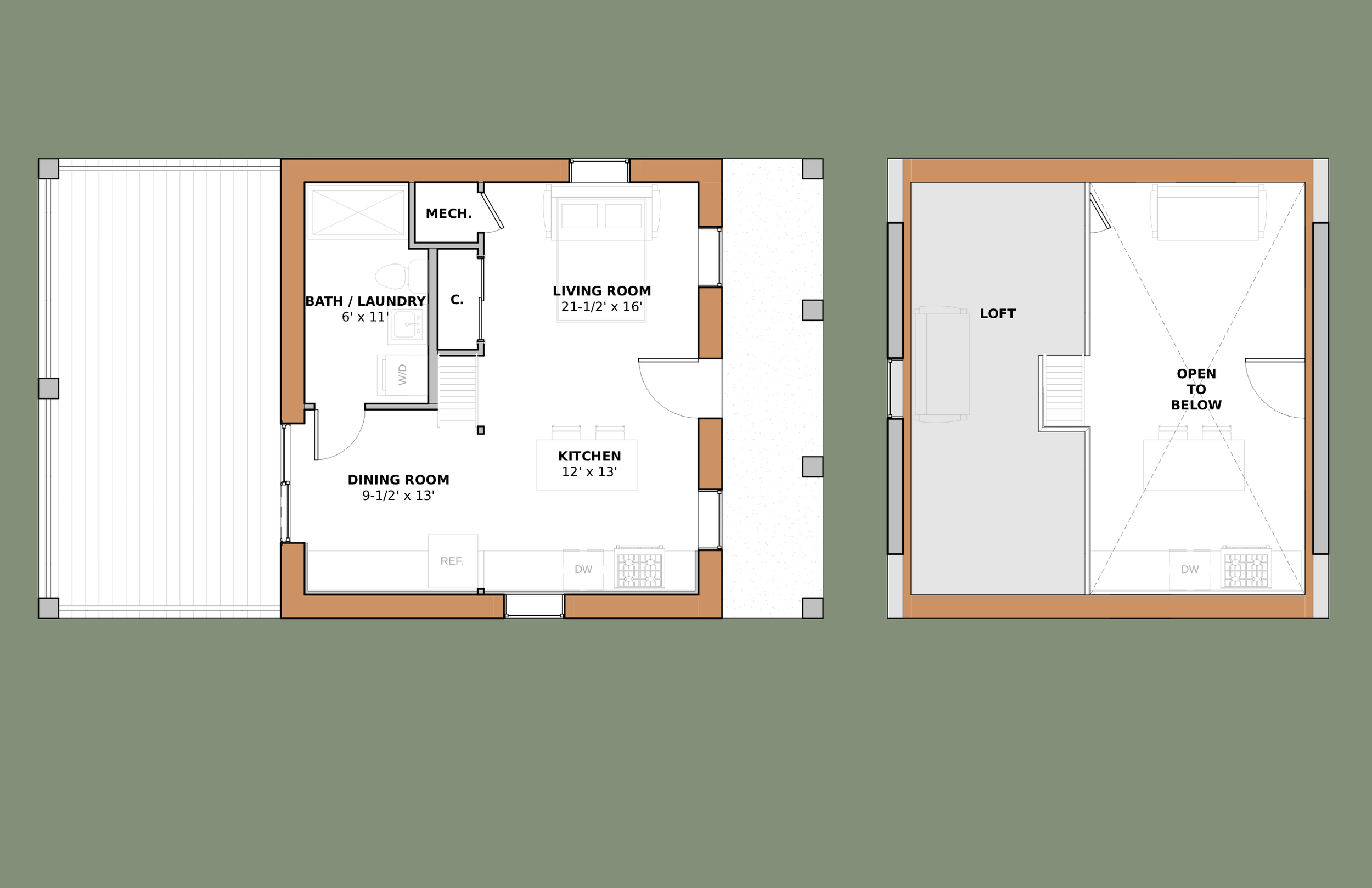 The Joan — Building Integrity's panel ready studio loft cabin plan with flexible sleeping and living space, generous covered porches, and signature deep window sills