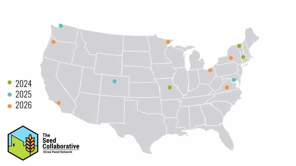 Seed Collaborative member location map highlighting the national reach of New Frameworks trained prefabricated straw panel builders across the US including Building Integrity