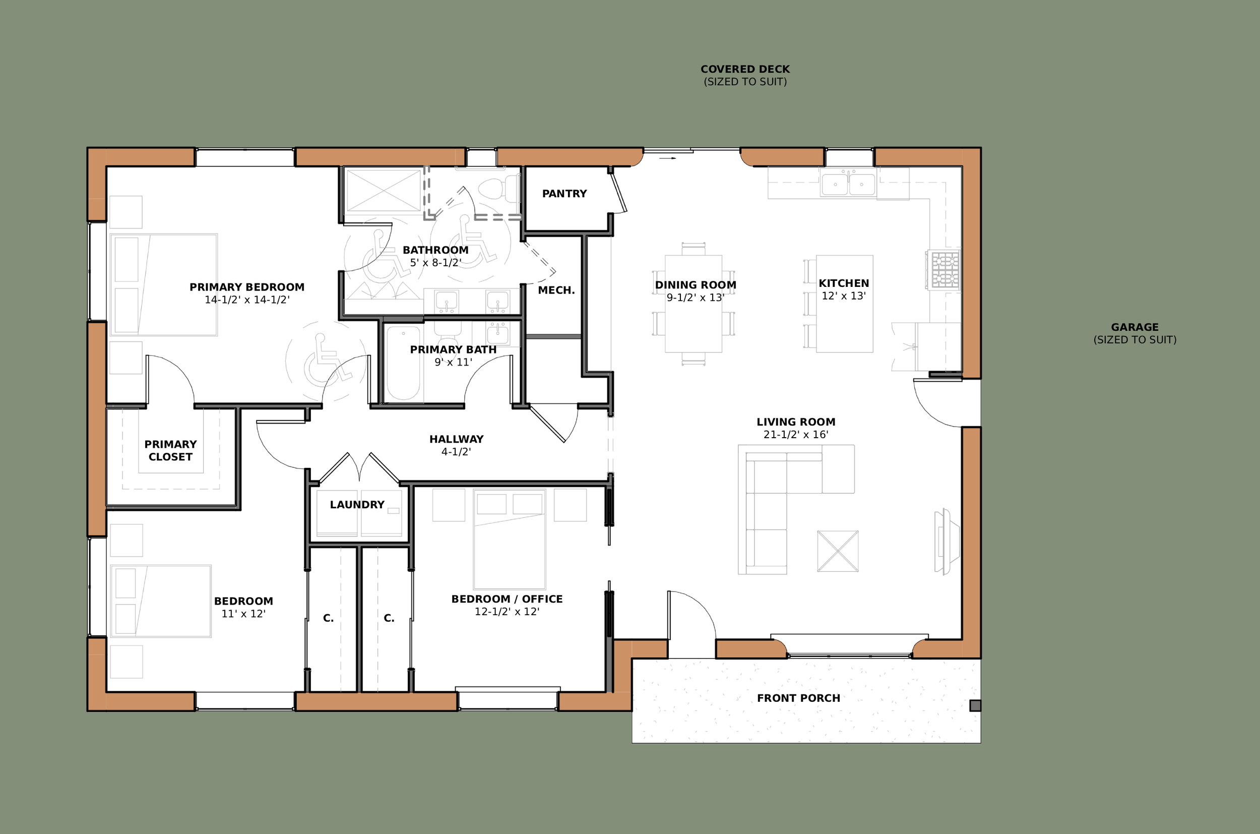 The Cindy panel ready floor plan by Building Integrity — a fully accessible three bedroom two bath home designed for healthy aging with optional porch and garage additions