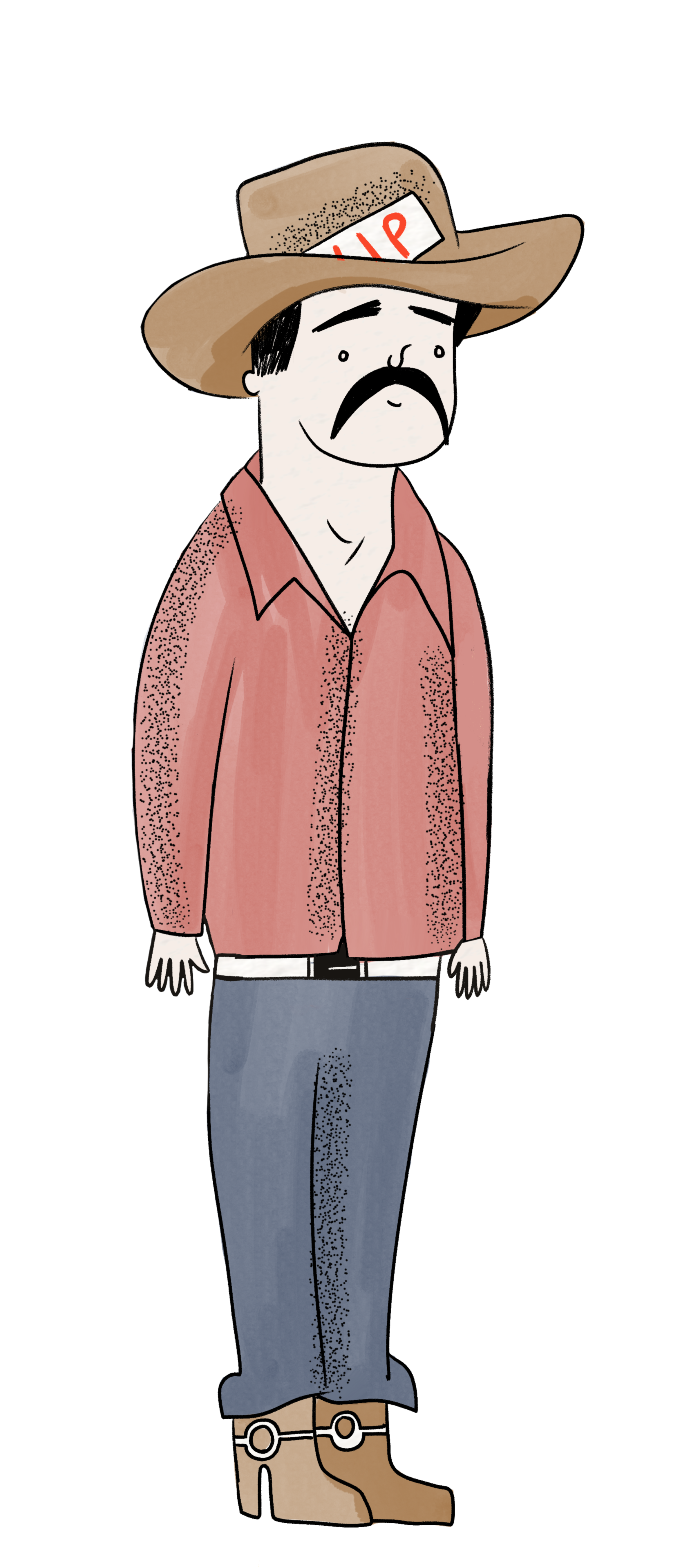 Drawing of a man with a mustache and beard, wearing a cowboy hat, a pink long-sleeve shirt, blue jeans, and cowboy boots, standing with a neutral expression.