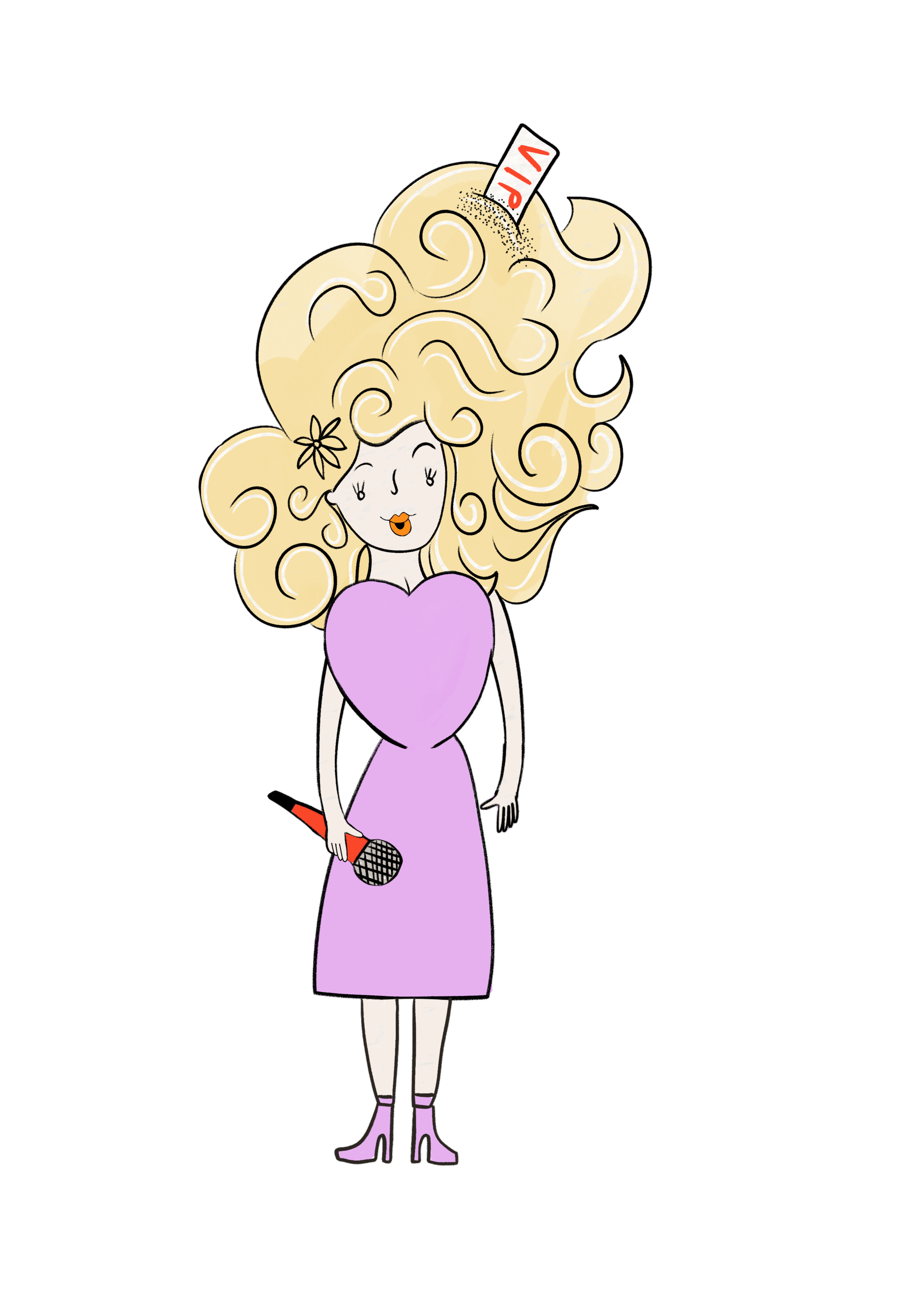 A cartoon woman with blonde curly hair styled in big swirls, wearing a pink dress, purple high heels, and holding a microphone. She has a flower in her hair and a small sign that says 'VIR' in her hair.