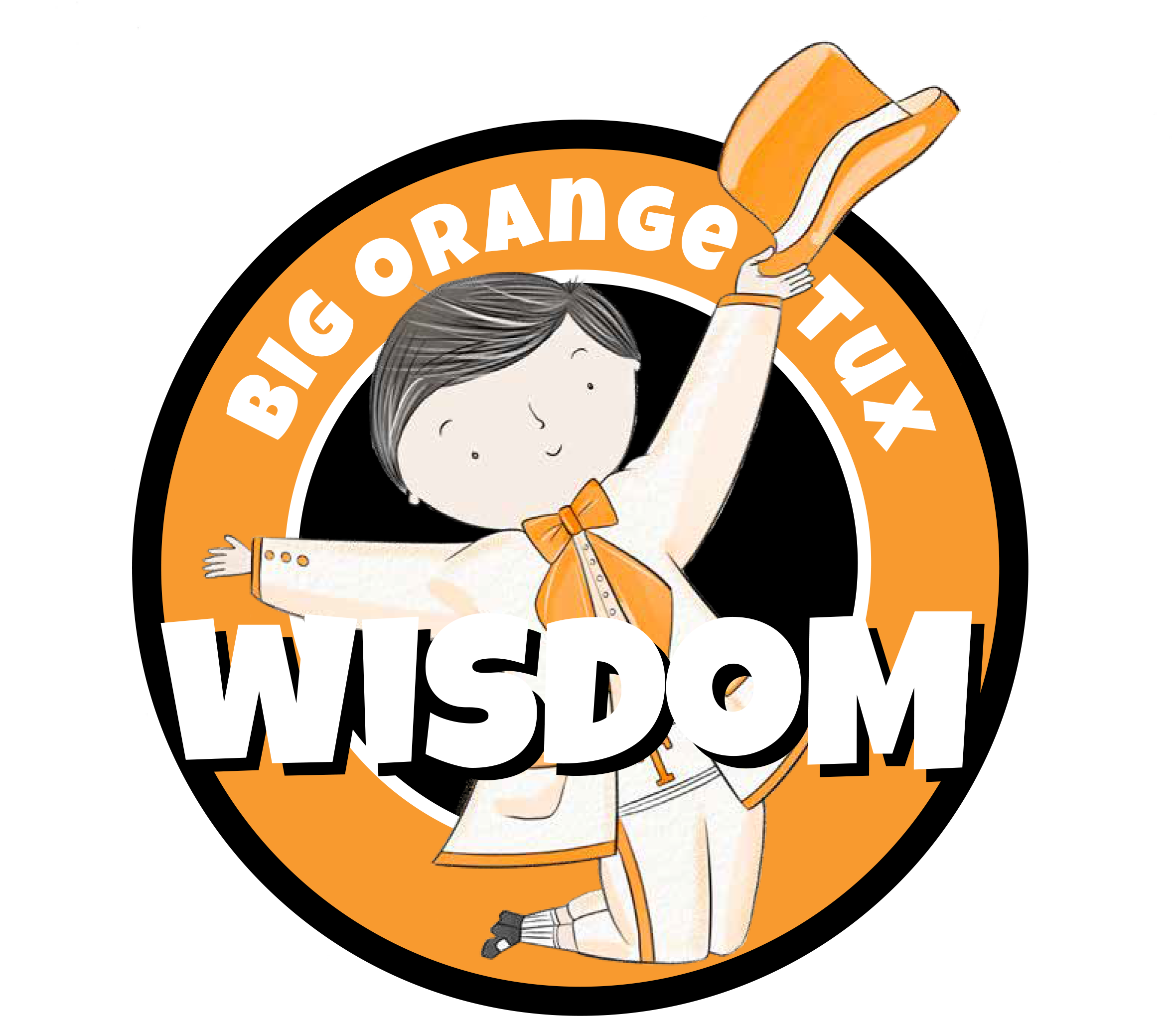 A cartoon illustration of a girl with gray hair in a bob cut, wearing a white and orange school uniform with a bow, holding an open book above her head. Surrounding her is an orange circle with the words "BIG ORANGE TRUCK WYOM".