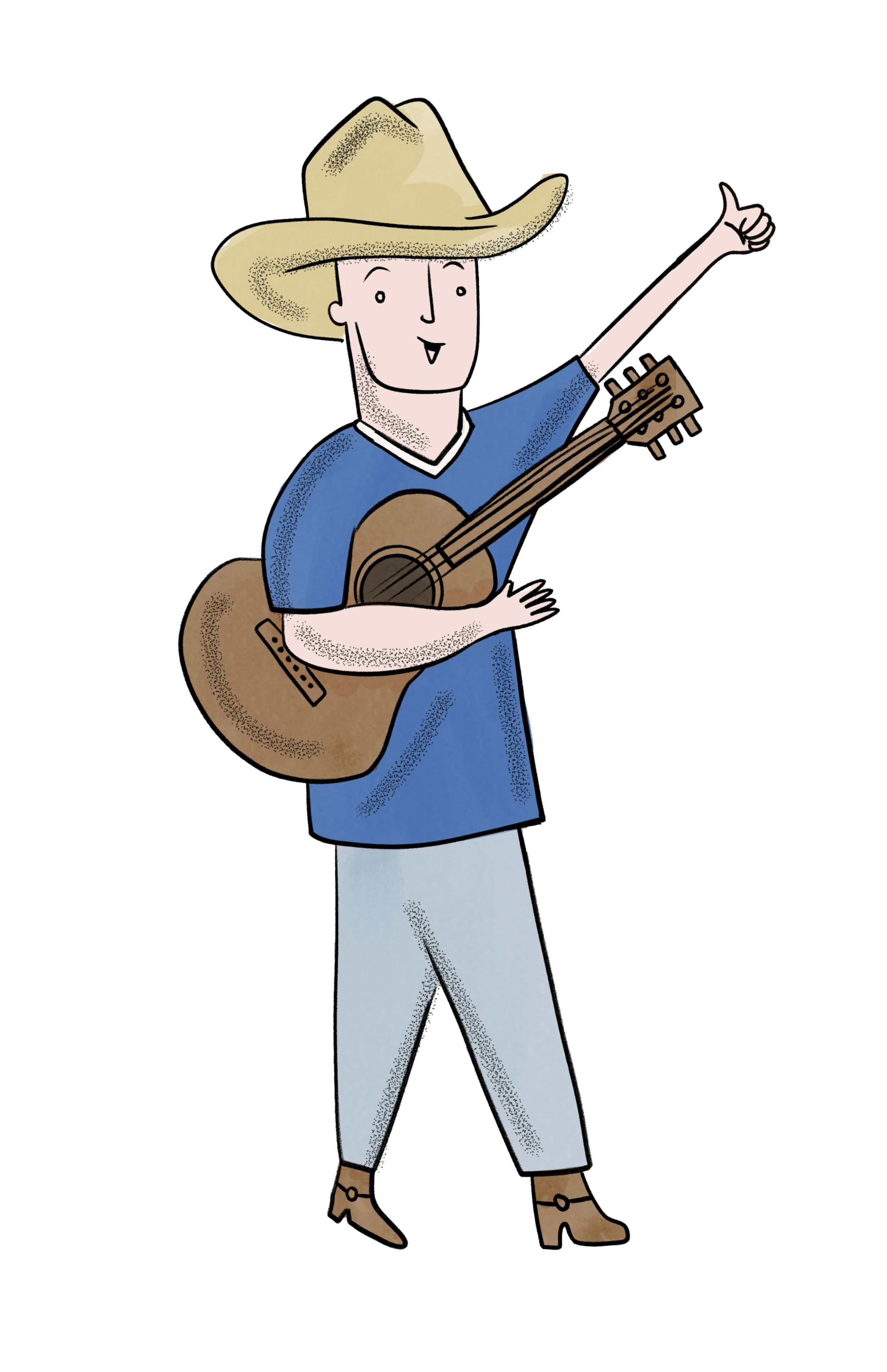 Illustration of a person wearing a cowboy hat, blue T-shirt, gray pants, and brown shoes, holding an acoustic guitar and giving a thumbs-up gesture.
