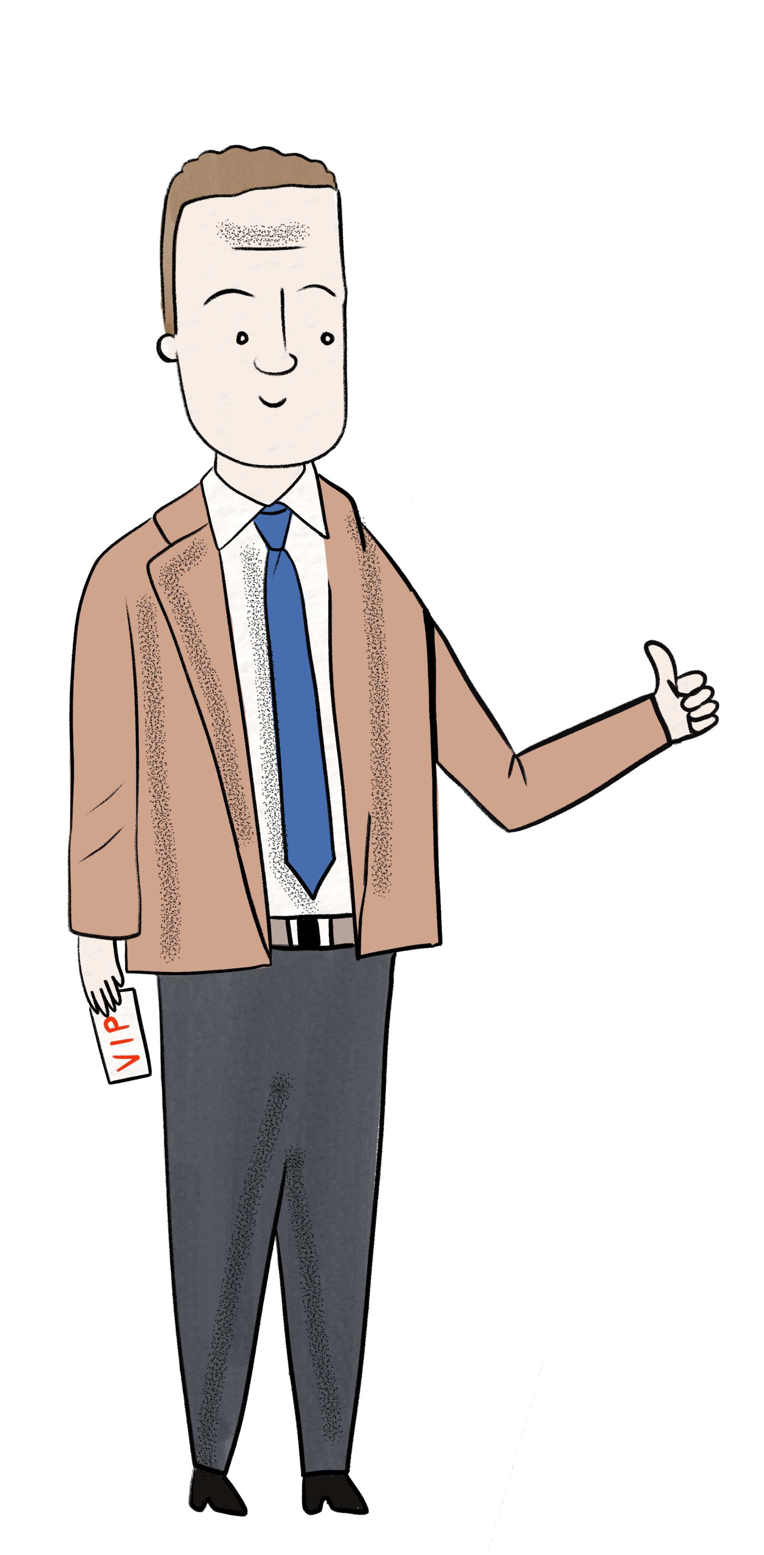 A cartoon man in a brown suit jacket, white shirt, blue tie, and gray pants giving a thumbs up and holding VIP ticket in his left hand.