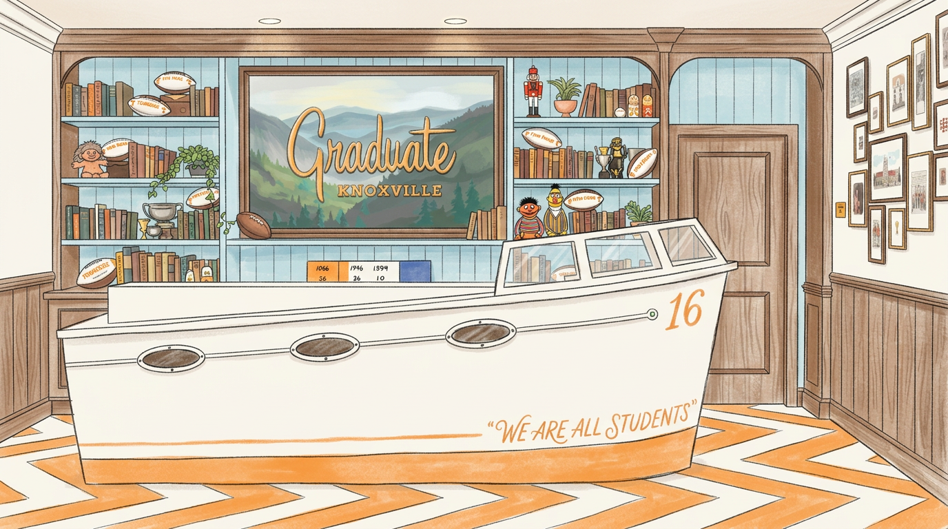 A reception area with a decorated boat-shaped counter that has the number 16 on the side and the phrase "We are all students." Behind the counter, there is a wooden bookshelf filled with books, plush toys, and decorative items, along with a large window displaying mountains and trees. A framed sign above the bookshelf reads "Graduate Knoxville." The room has wood paneling and framed pictures on the walls, with a chevron-patterned orange and white floor.