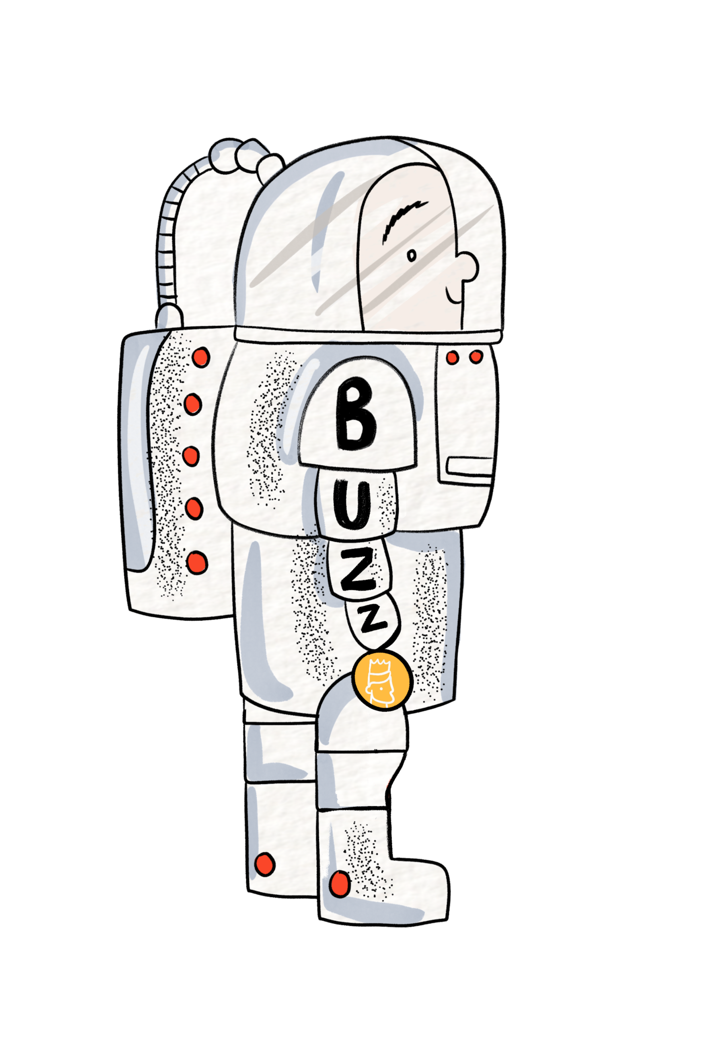 A cartoon illustration of a person wearing a white space suit with the letter 'B' on the chest, standing inside a spacecraft with a glass dome and red lights on the sides.