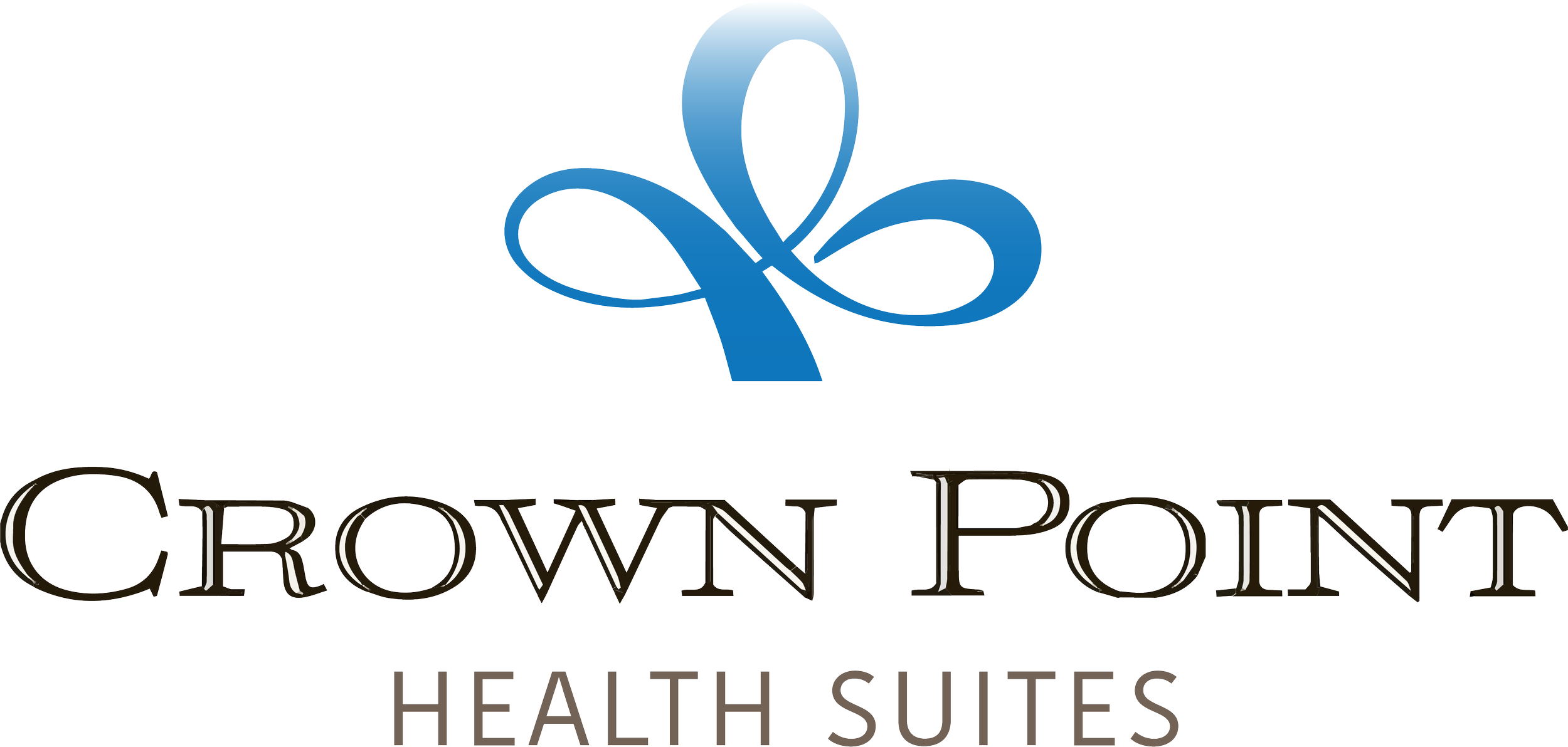 Logo for Crown Point Health Suites, featuring a stylized blue and white ribbon design above the text.