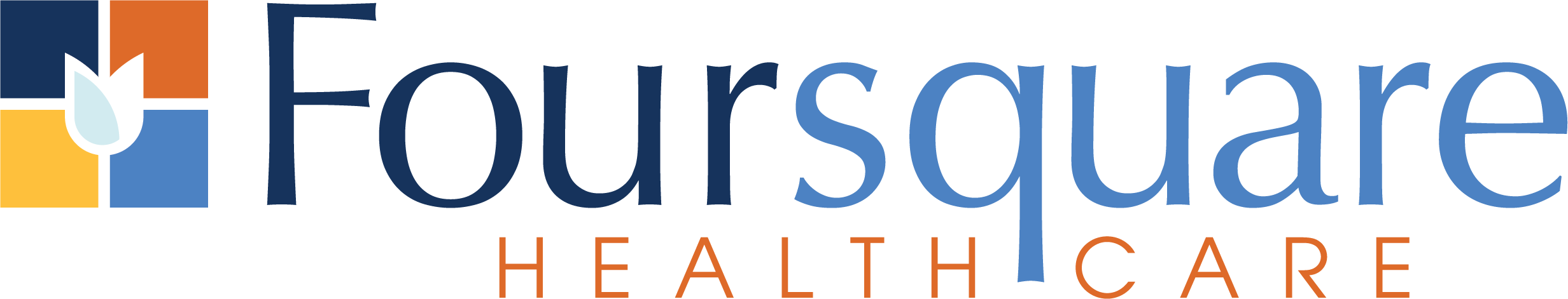 Foursquare Healthcare logo with a square icon with four colored quadrants and a light tulip icon in the center.