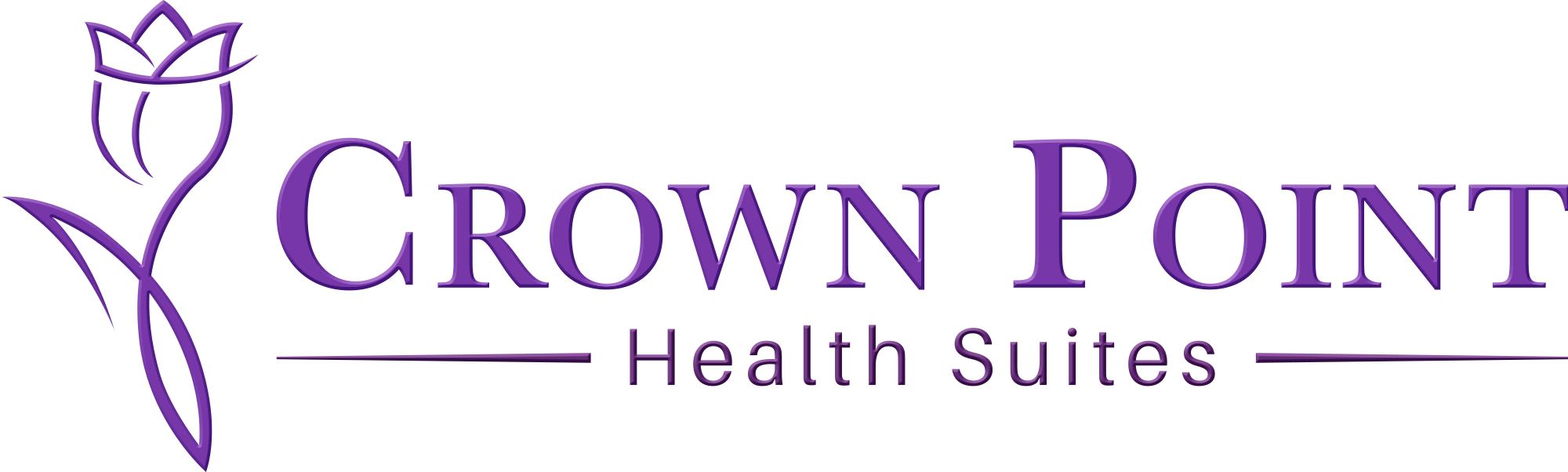 Purple logo for Crown Point Health Suites featuring a rose whose pedals look like a crown and the text 'Crown Point' in large font and 'Health Suites' underneath.