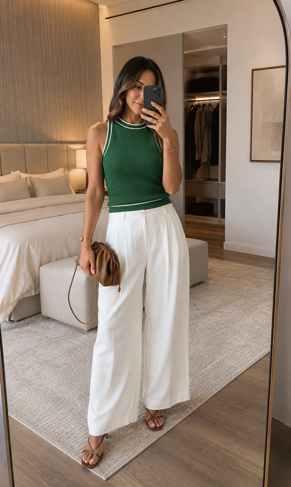 Woman taking a mirror selfie in a bedroom, wearing a green sleeveless top, white wide-leg pants, tan heels, and holding a brown clutch bag.