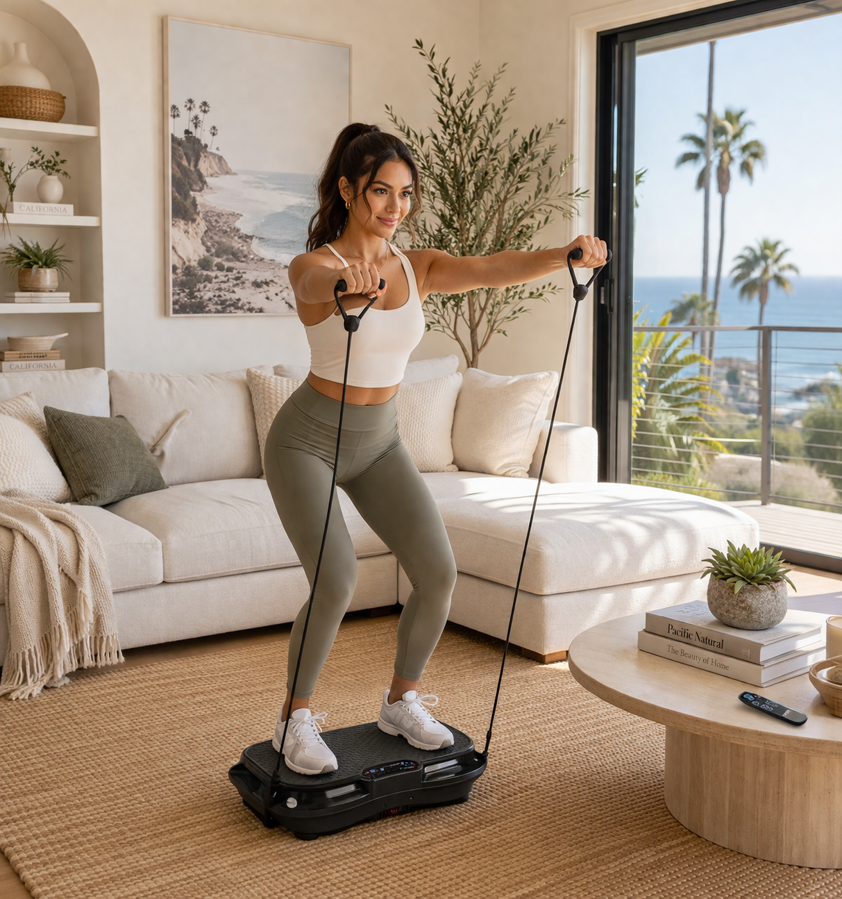 A woman exercising on a vibration plate machine in a bright living room with large windows showing a view of palm trees and the ocean.