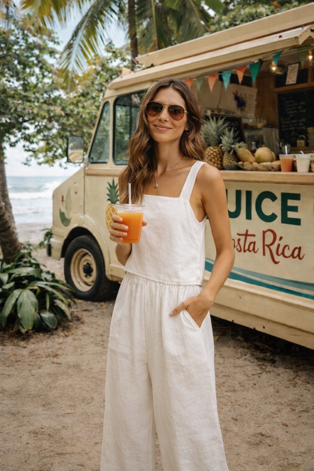 A woman in sunglasses and a white dress holding a drink with orange juice at a tropical beachside juice stand with pineapples, mangoes, and a chalkboard menu in the background.