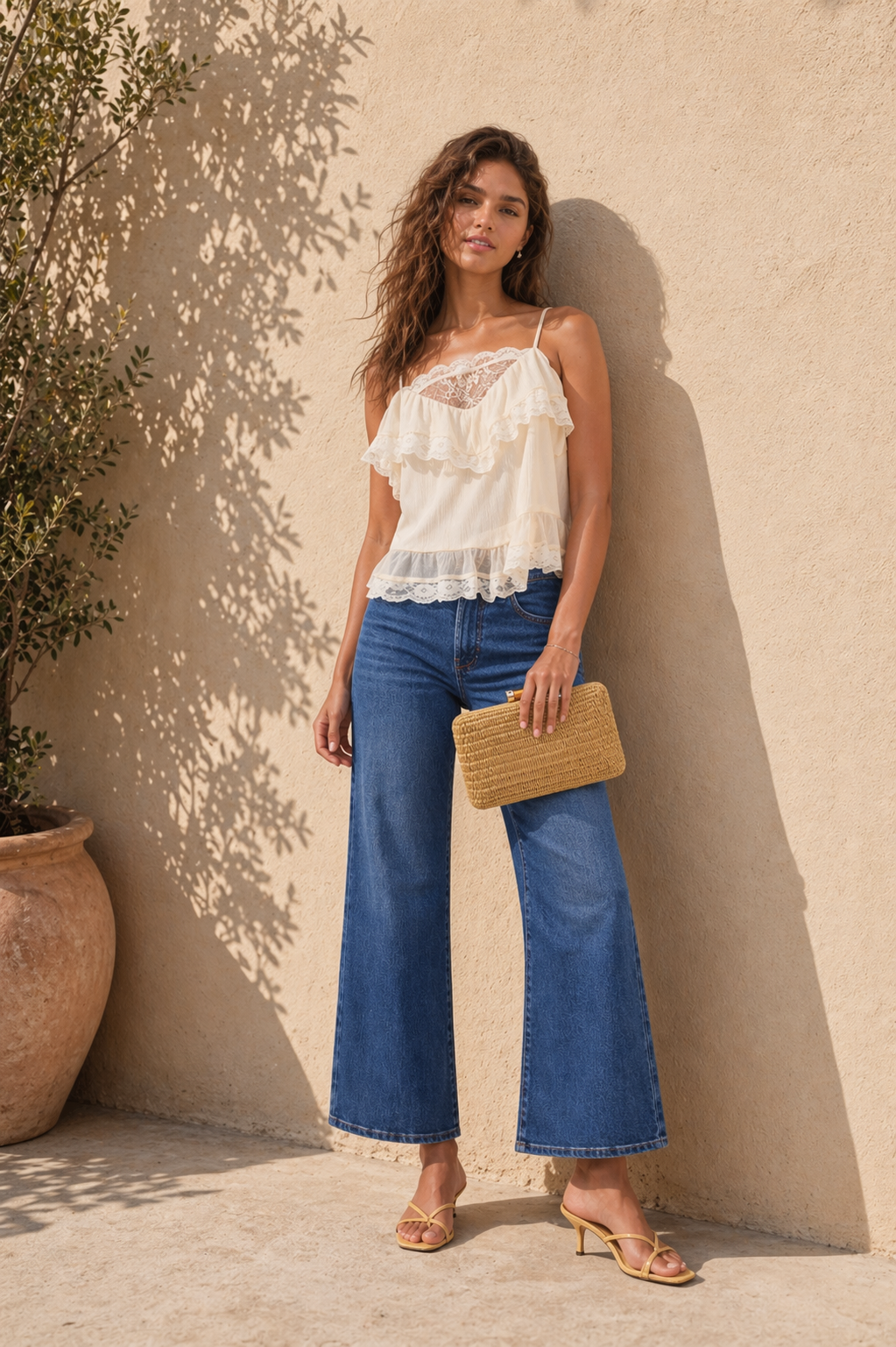 A woman stands outside against a beige wall, holding a woven yellow clutch and wearing a white lace-trimmed top, wide-leg jeans, and yellow high heels.