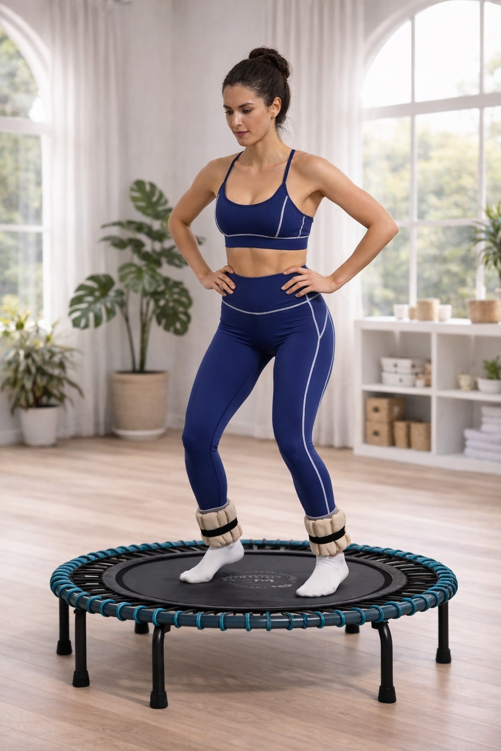 A woman in blue workout leggings and a matching sports bra is standing on a mini trampoline with ankle weights inside a bright room with large windows and houseplants.
