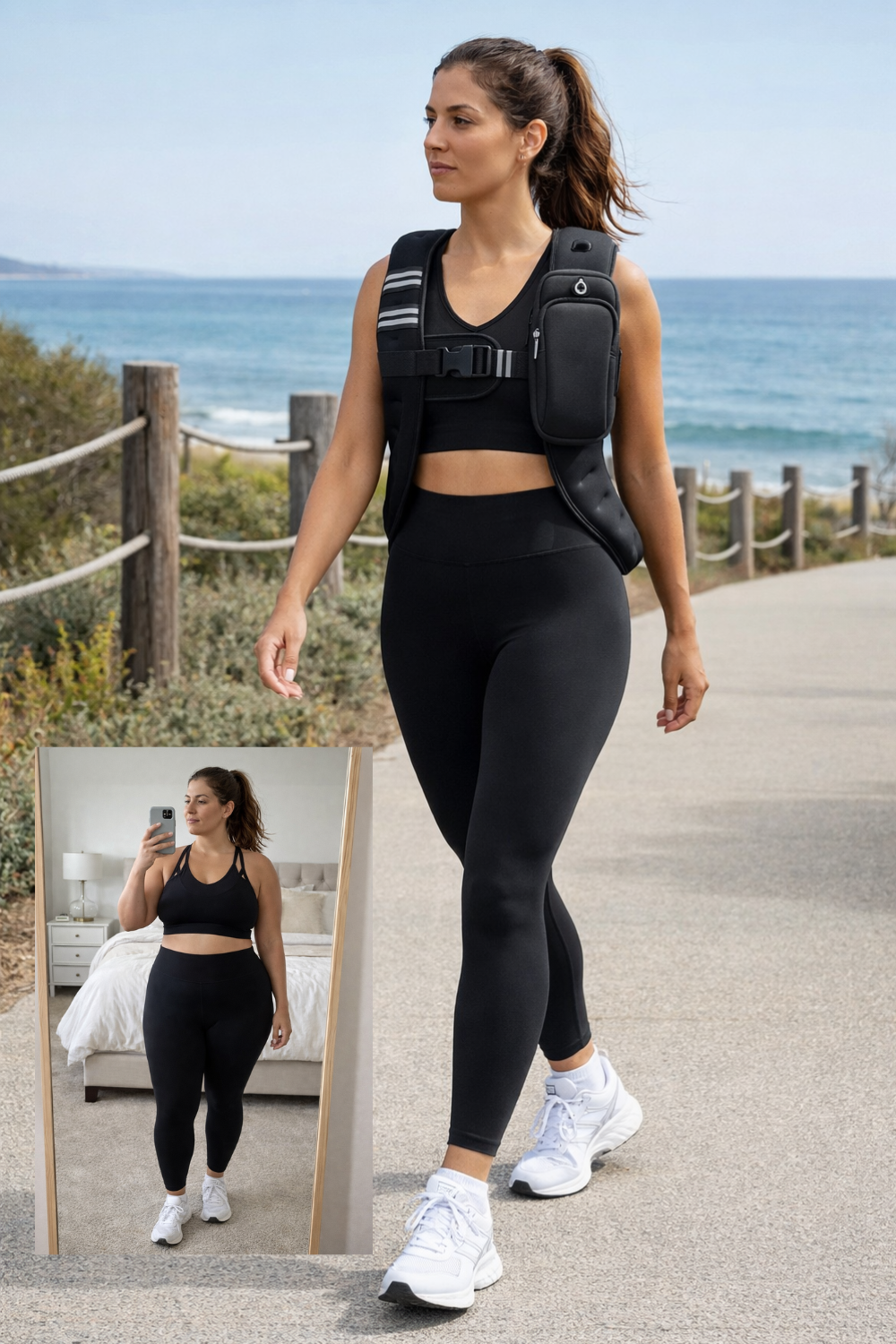 A woman in athletic wear taking outdoor walk by the beach, wearing a black sports bra and leggings, with a small black chest pack, and white sneakers. There is a mirror inset showing her taking a selfie indoors in a black sports bra and leggings.