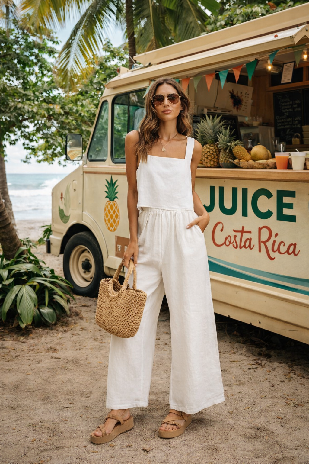 A woman in white linen pants and top, wearing sunglasses, stands on a beach in front of a juice truck with pineapples and other fruit. She is holding a woven straw bag and standing on sandy ground with tropical trees around.