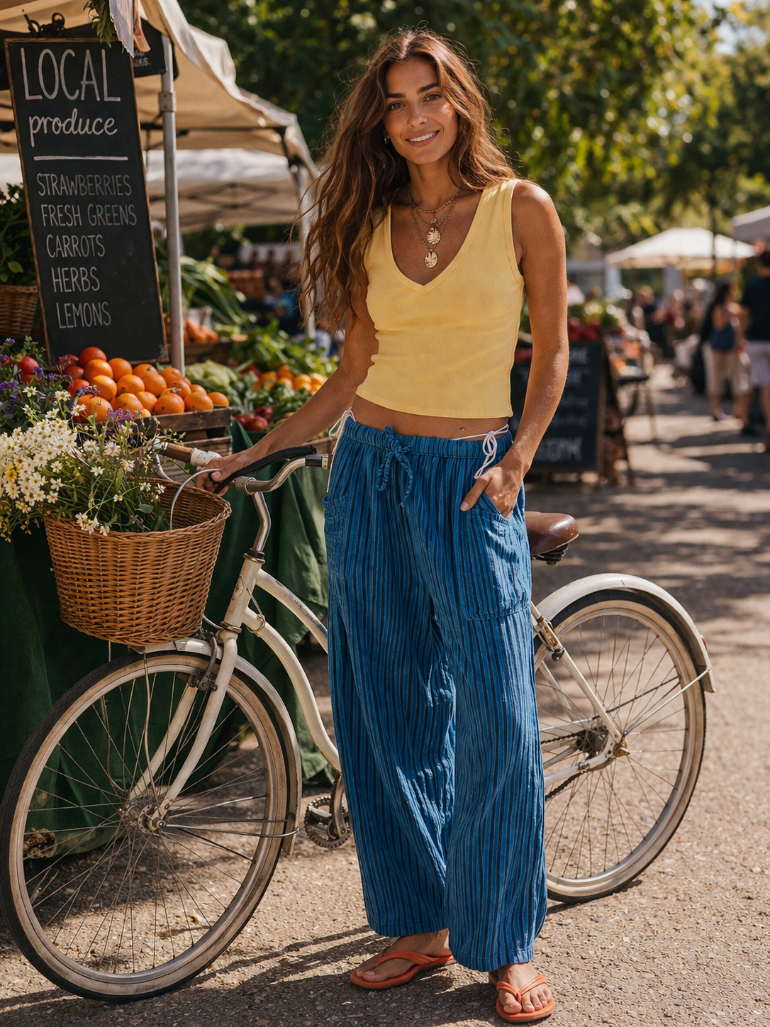 A woman in a yellow tank top and blue striped pants stands next to a bicycle with a basket of daisies, at an outdoor farmers market with fresh produce and a sign for local produce.
