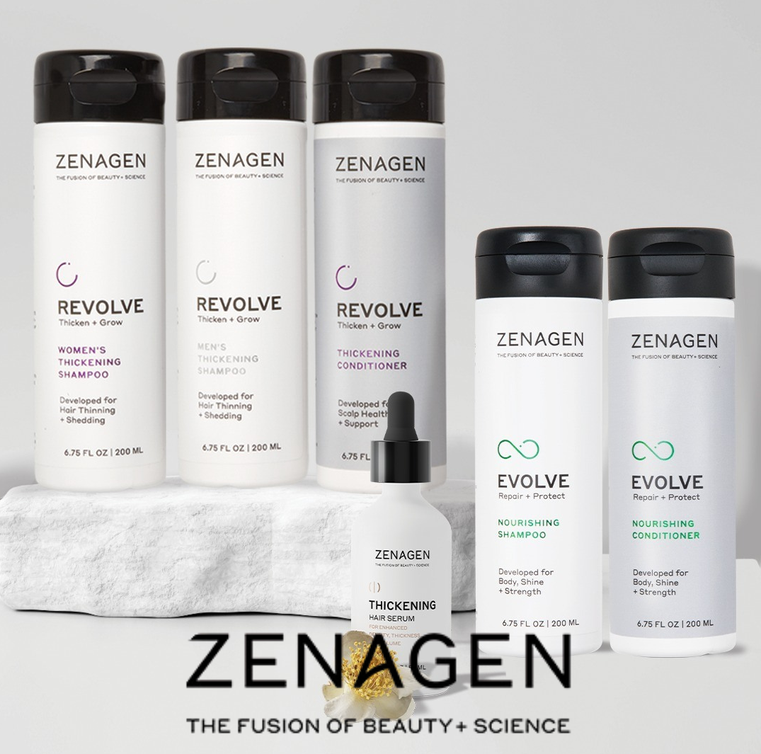 Bottles of Zenagen hair products on white background with black logo text