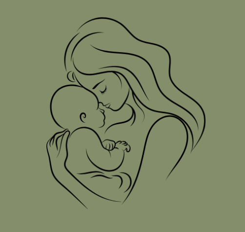 Line drawing of a mother holding her baby close, both with their eyes closed, on a green background.