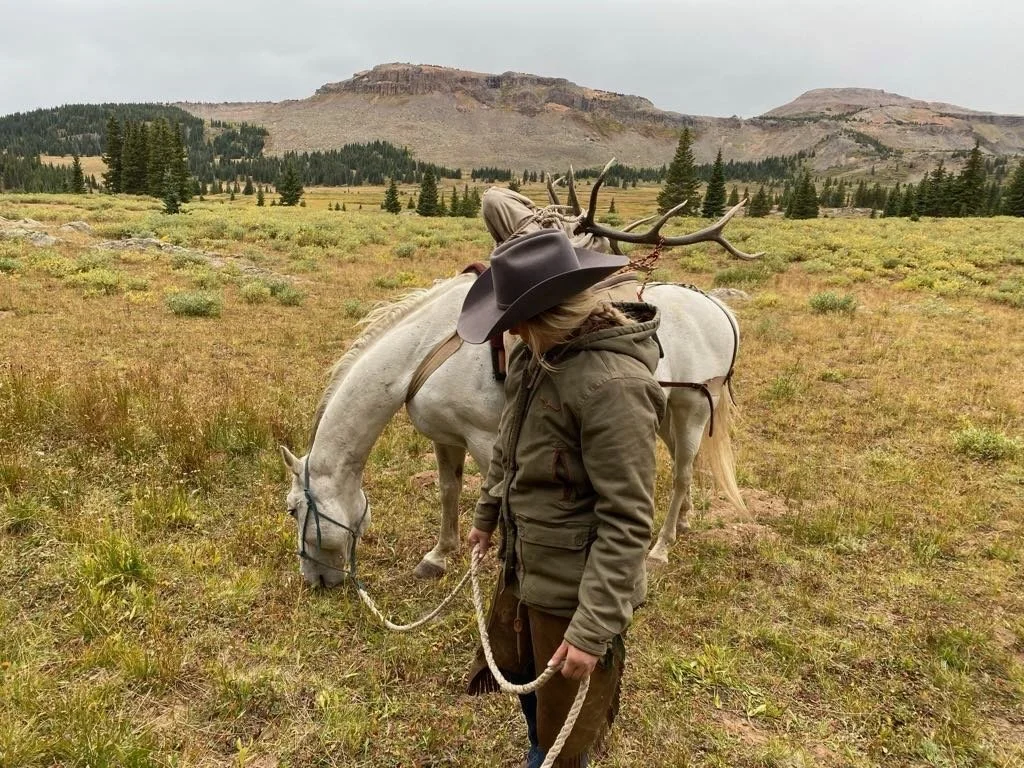Person in cowboy hat and outdoor clothing standing in a grassy field, holding a horse's lead, with a white horse carrying large antlers on its back, set against a backdrop of mountains and pine trees.